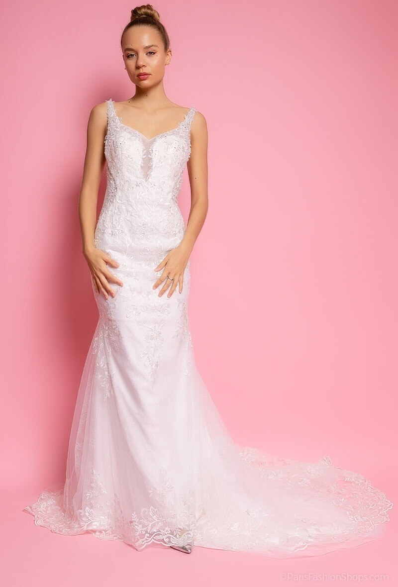 Grossiste Promarried - Robe de Mariée Sirène en Tulle avec Dentelle, Perles et Bretelles