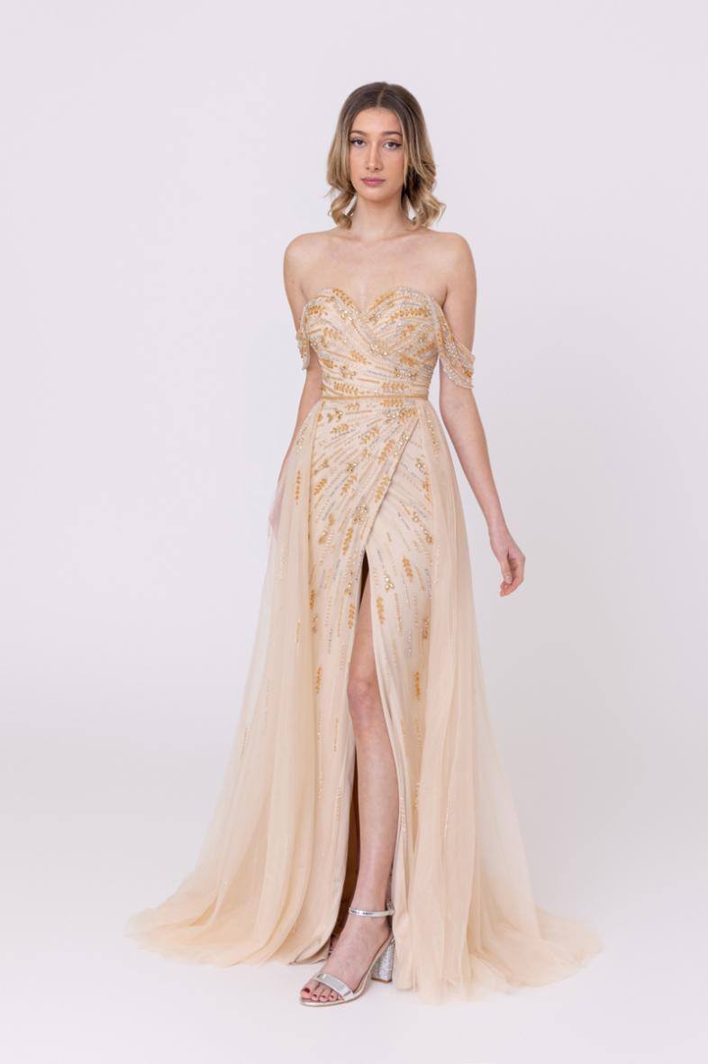 Grossiste Promarried - Robe de cocktail perlée avec une sur-jupe Champagne
