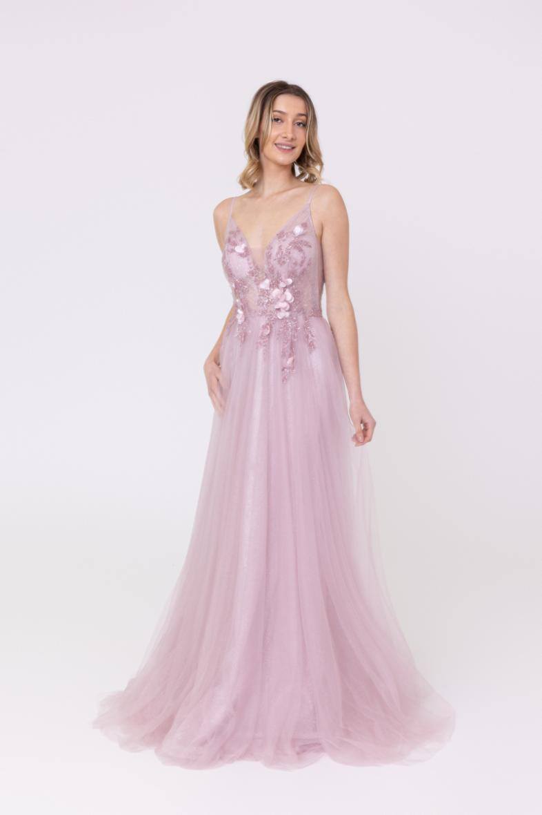 Grossiste Promarried - Robe de cocktail mauve coupe empire en tulle avec bustier fleuri 3D