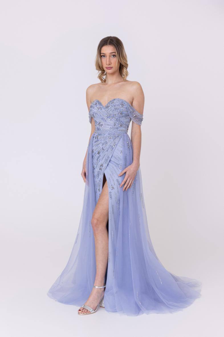 Grossiste Promarried - Robe de cocktail bleu clair entièrement perlée avec coupe portefeuille