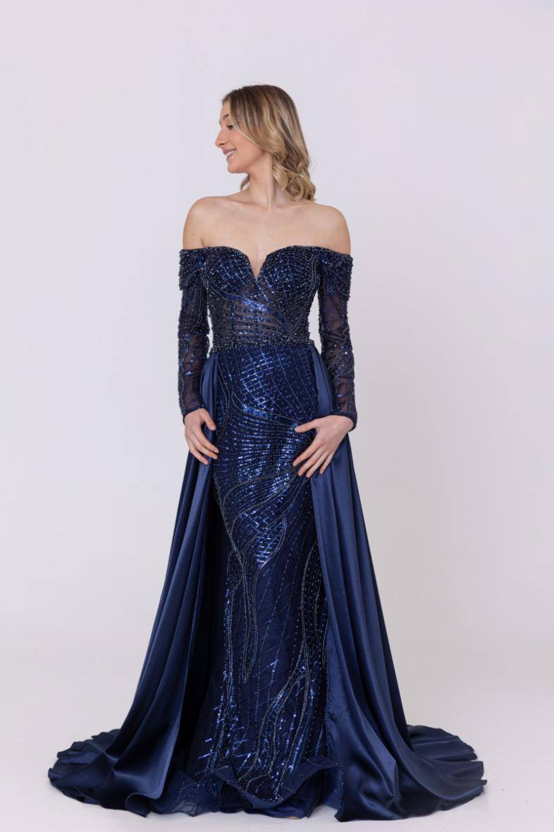 Grossiste Promarried - Robe de Cocktail Scintillante Col Bardot avec Surjupe en Satin marine
