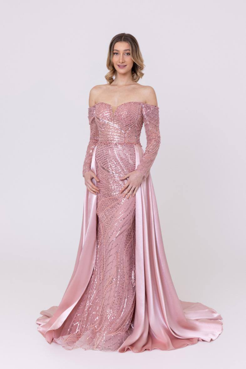 Grossiste Promarried - Robe de Cocktail rose Scintillante Col Bardot avec Surjupe en Satin