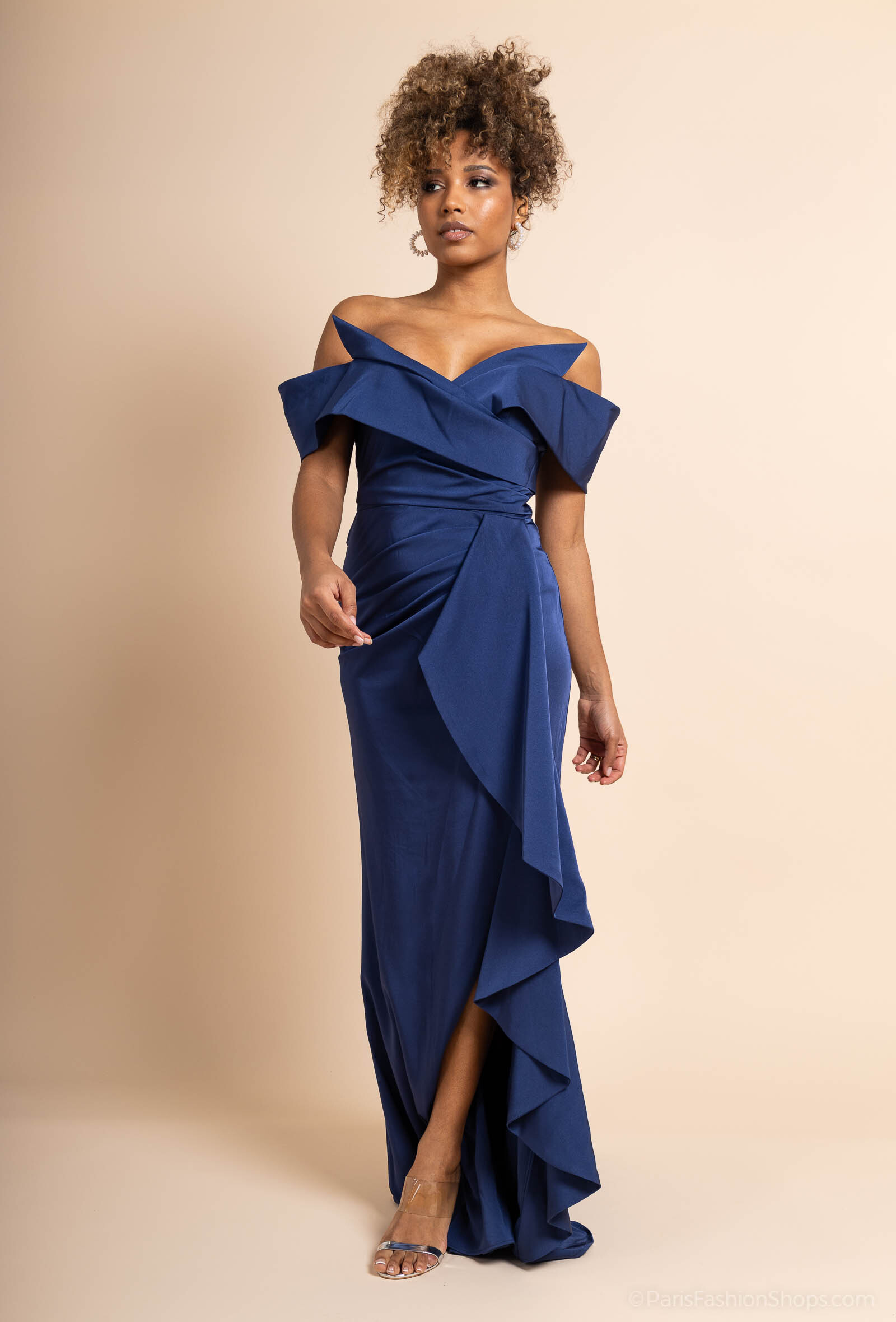 Grossiste Promarried - Robe cocktail bleu marine coupe fourreau drapée avec une fente
