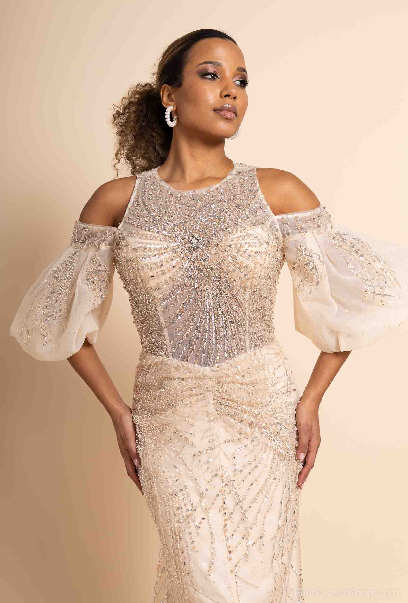 Grossiste Promarried - Robe de cocktail champagne entièrement perlée, coupe sirène