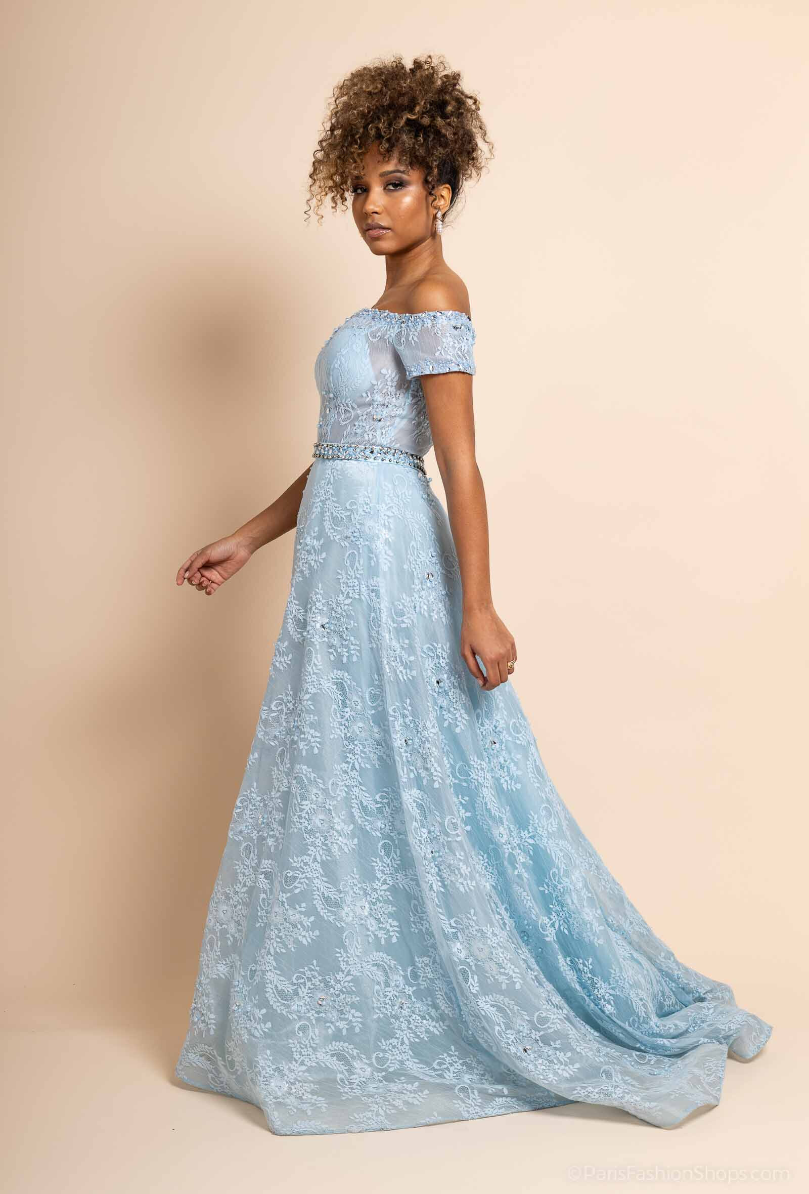 Grossiste Promarried - Robe de cocktail évasée bleu ciel, confectionnée en dentelle délicate