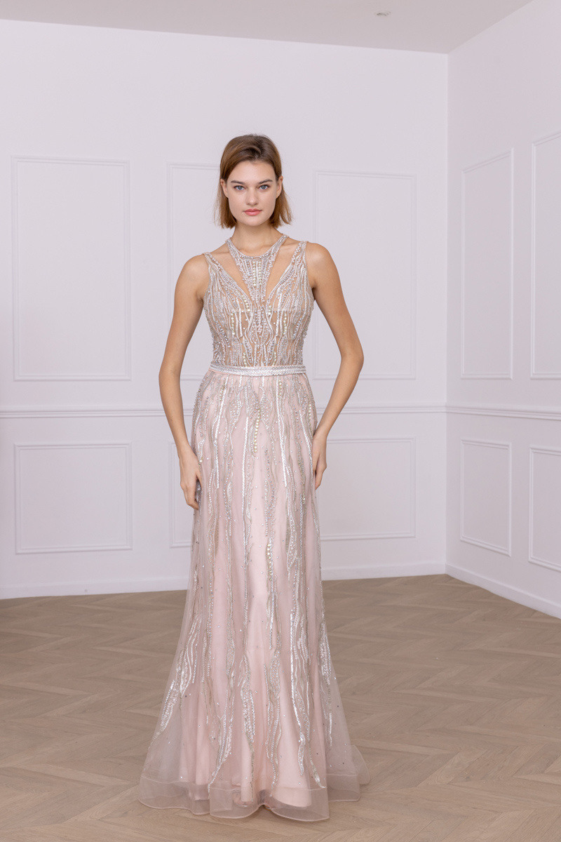 Grossiste Promarried - Robe de cocktail rose coupe en A entièrement perlée avec encolure ras-du-cou