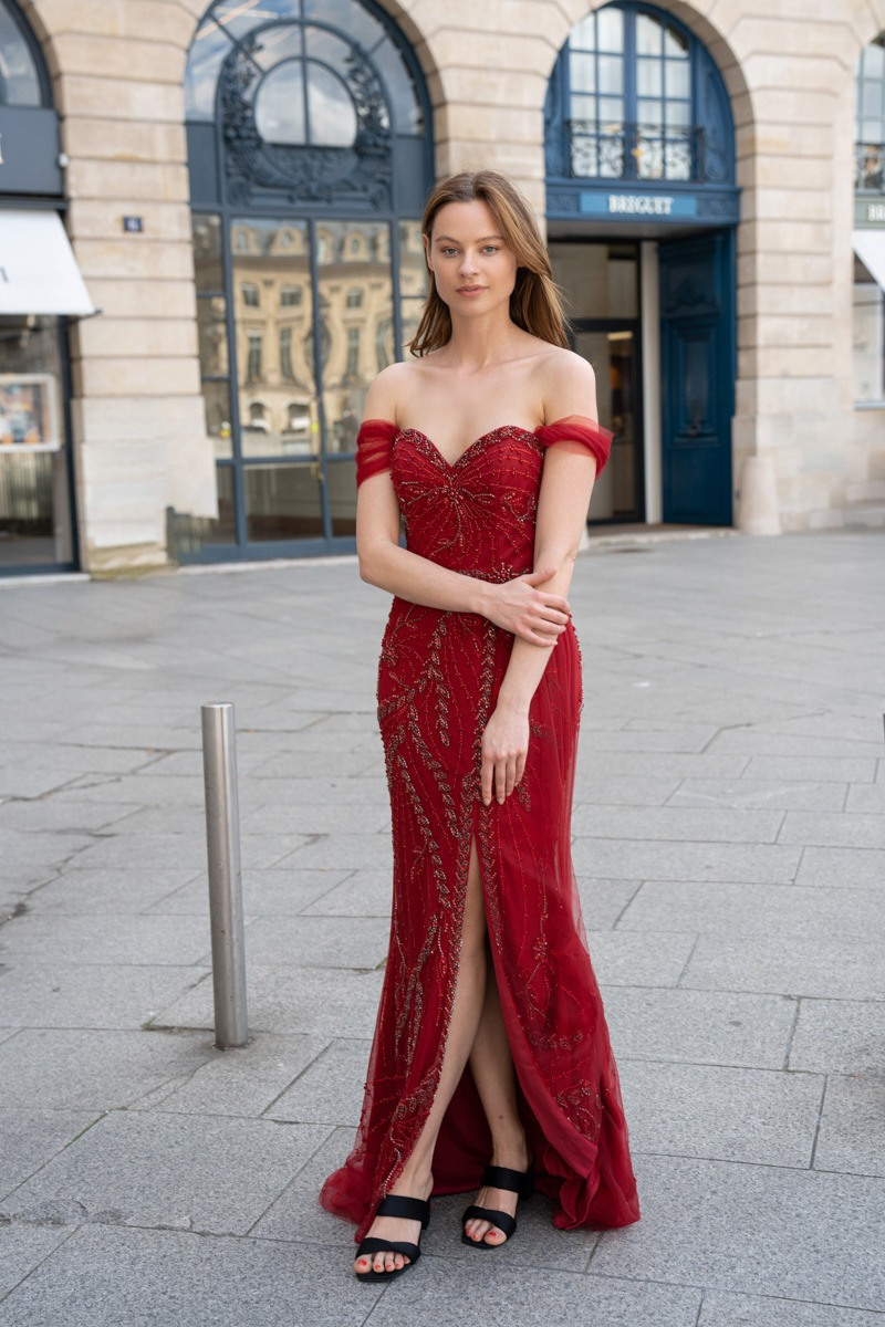Grossiste Promarried - Robe de cocktail bustier fourreau perlée avec fente et manchettes en tulle
