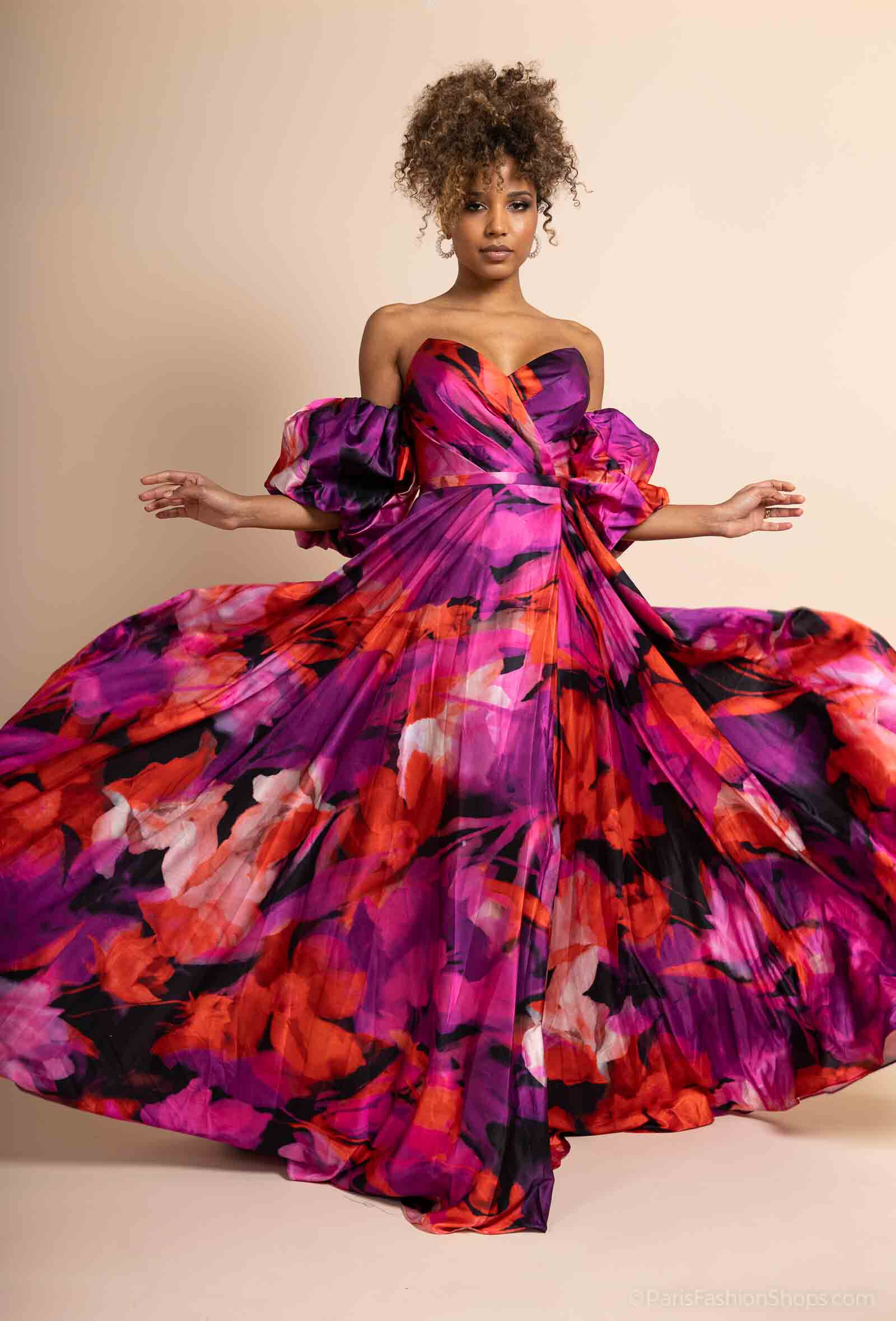 Grossiste Promarried - Robe de soiree bustier avec des pompom en satin imprimée
