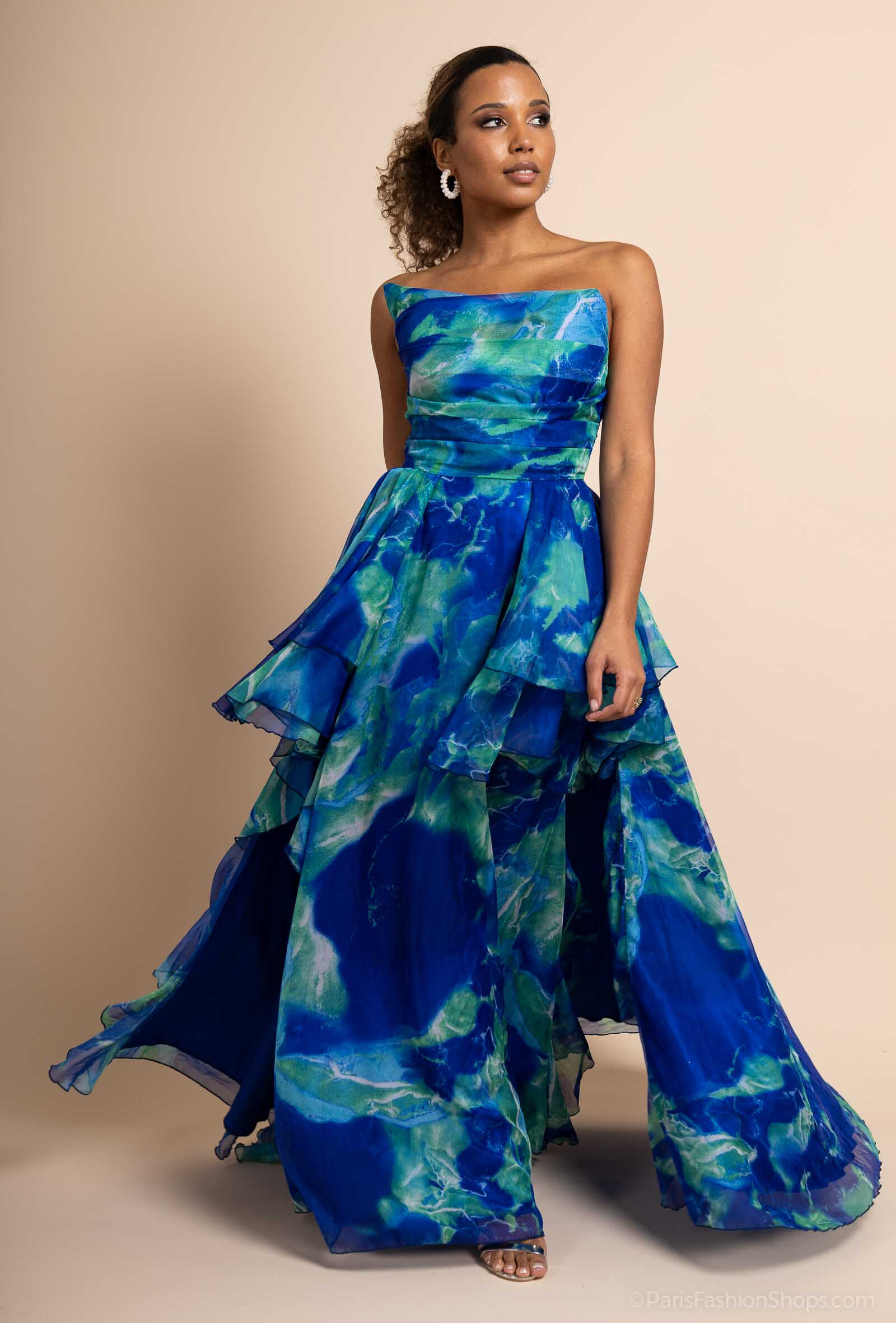 Grossiste Promarried - Robe de Cocktail Bustier Mousseline Imprimé bleu