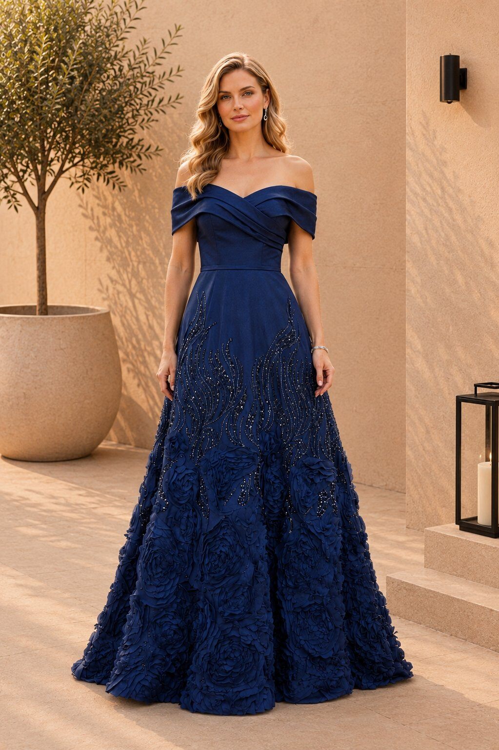 Grossiste Promarried - Robe de cérémonie brodée épaules dénudées – Bleu Marine