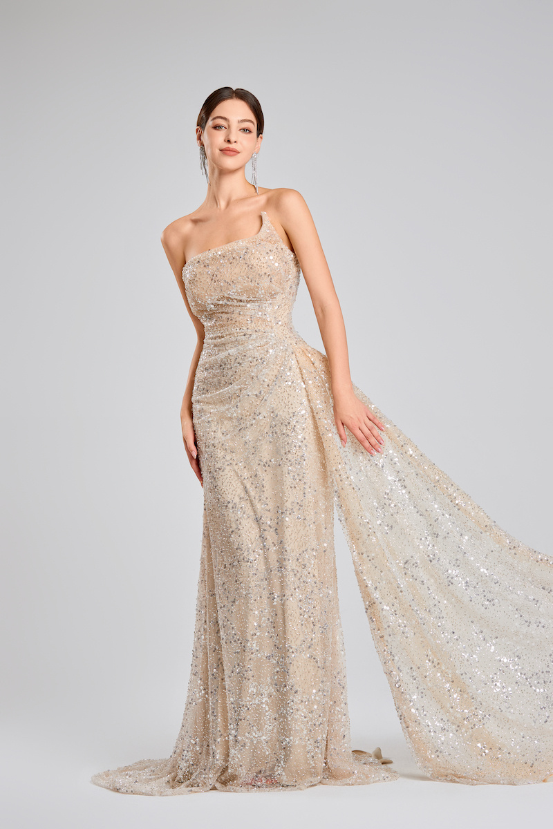 Wholesaler Promarried - Champagne asymmetrical long dress with sequins and pearls