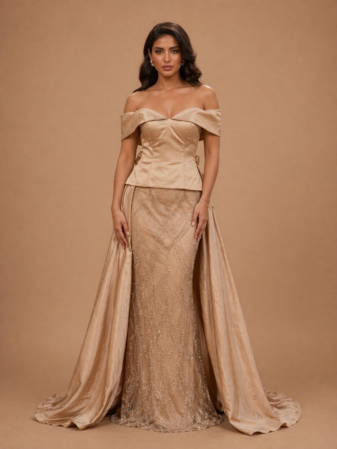 Grossiste Promarried - Robe bustier avec surjupe et noeud champagne