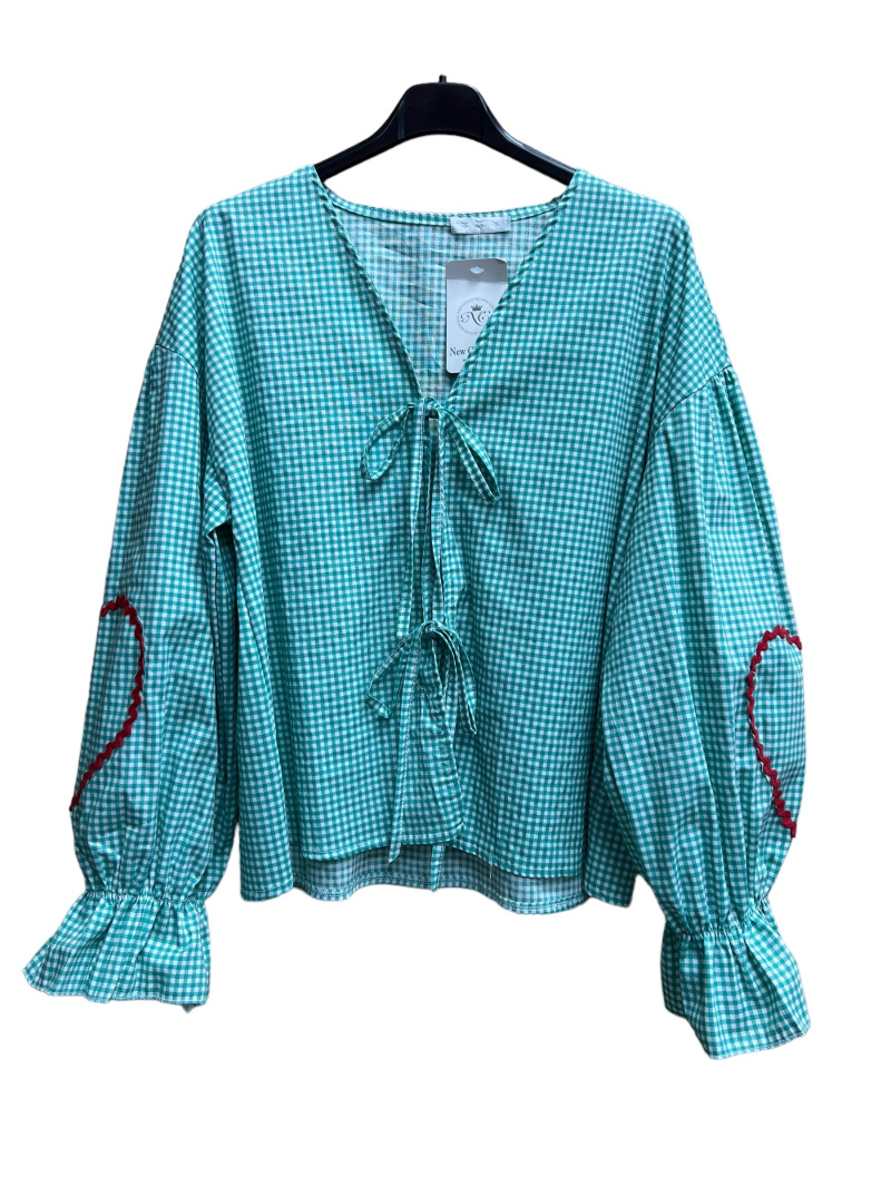 Grossiste PROMISE - Blouse vichy en popeline de coton détail coeur brodé aux manches