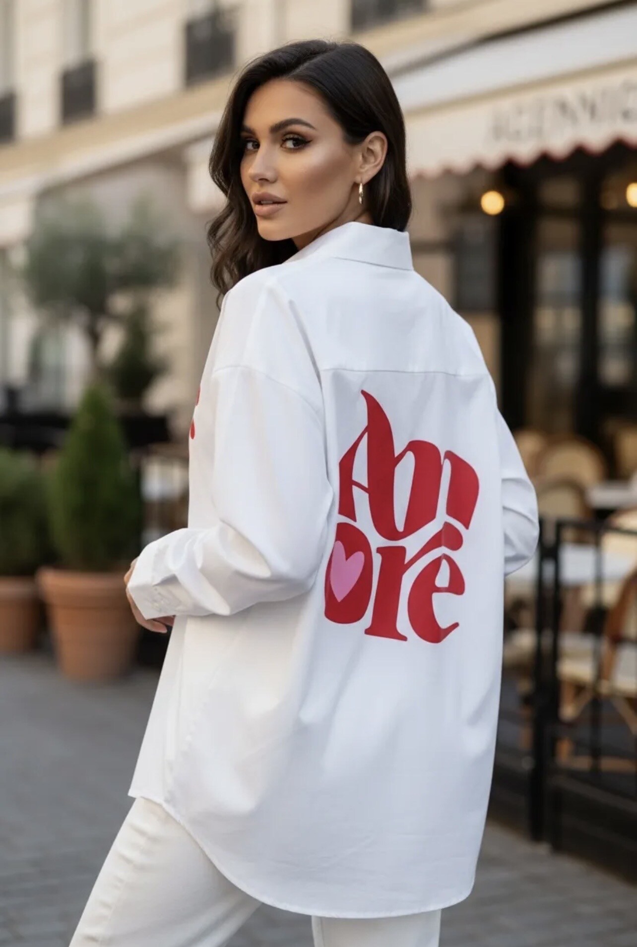 Mayorista PROMISE - Camisa oversize de rayas con estampado ICÓNICO en la parte delantera y trasera