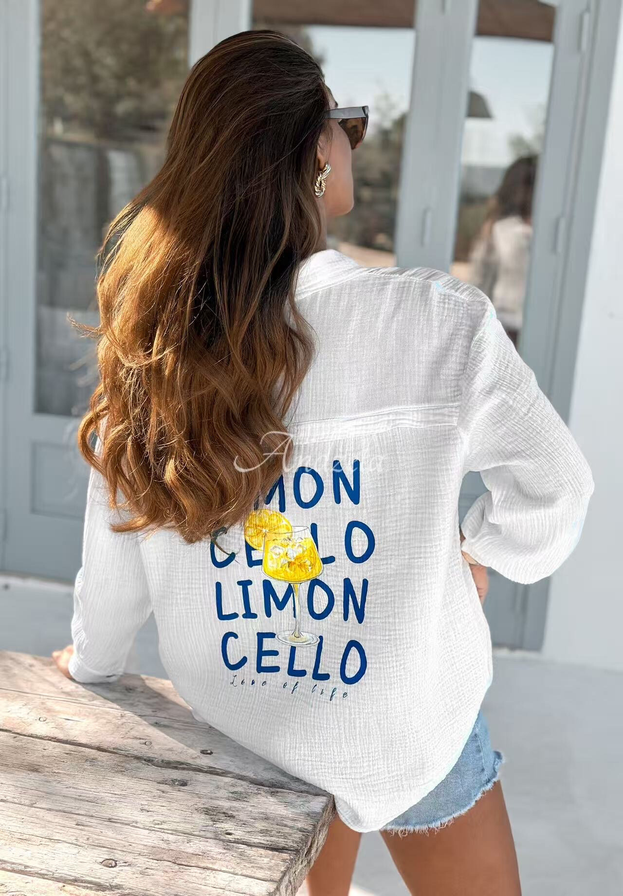 Wholesaler PROMISE - Oversize cotton gauze shirt printed costo amalfi on the back