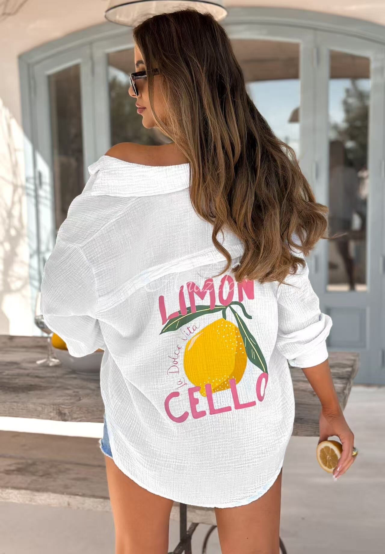 Wholesaler PROMISE - Oversize cotton gauze shirt printed costo amalfi on the back