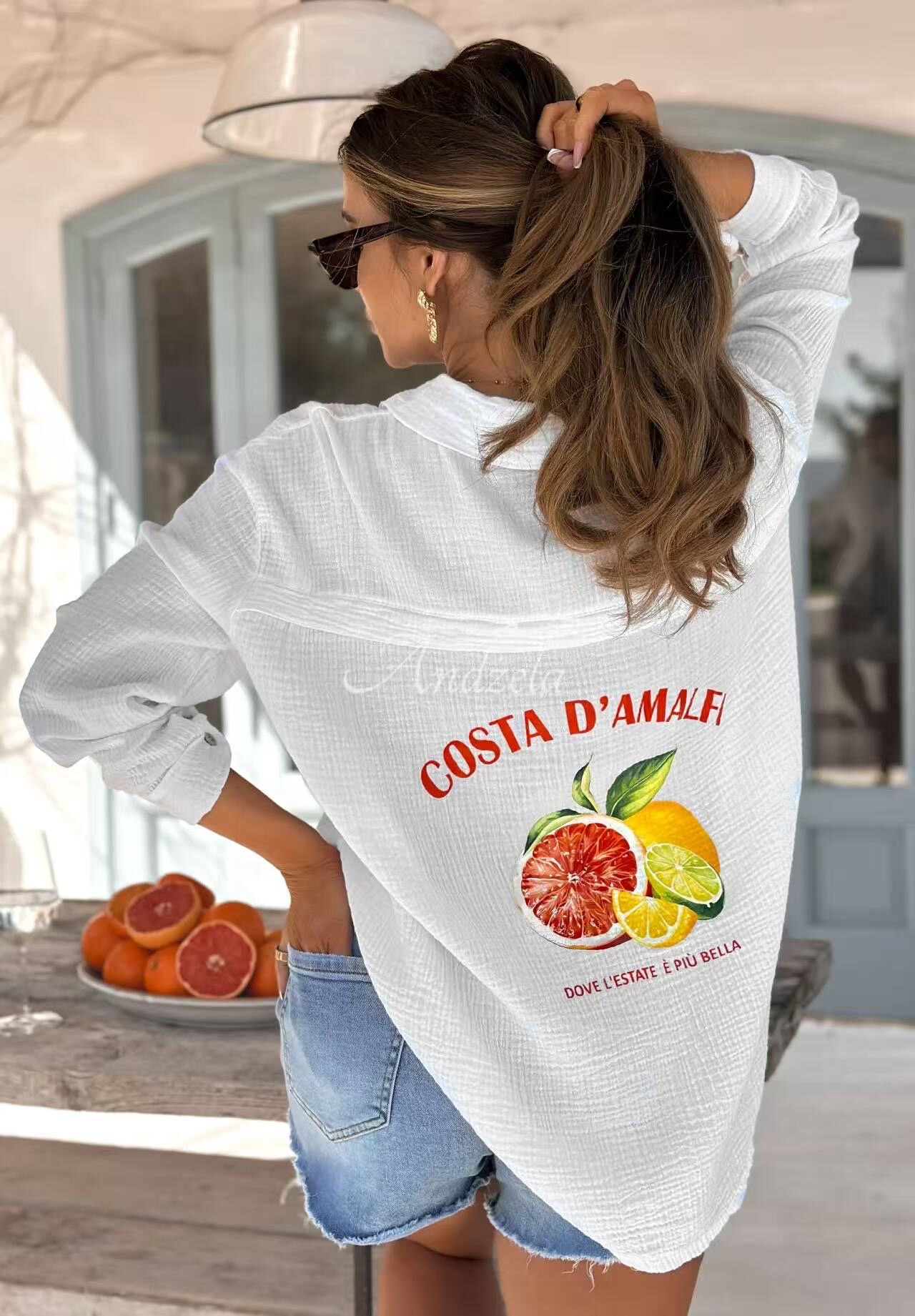 Wholesaler PROMISE - Oversize cotton gauze shirt printed costo amalfi on the back