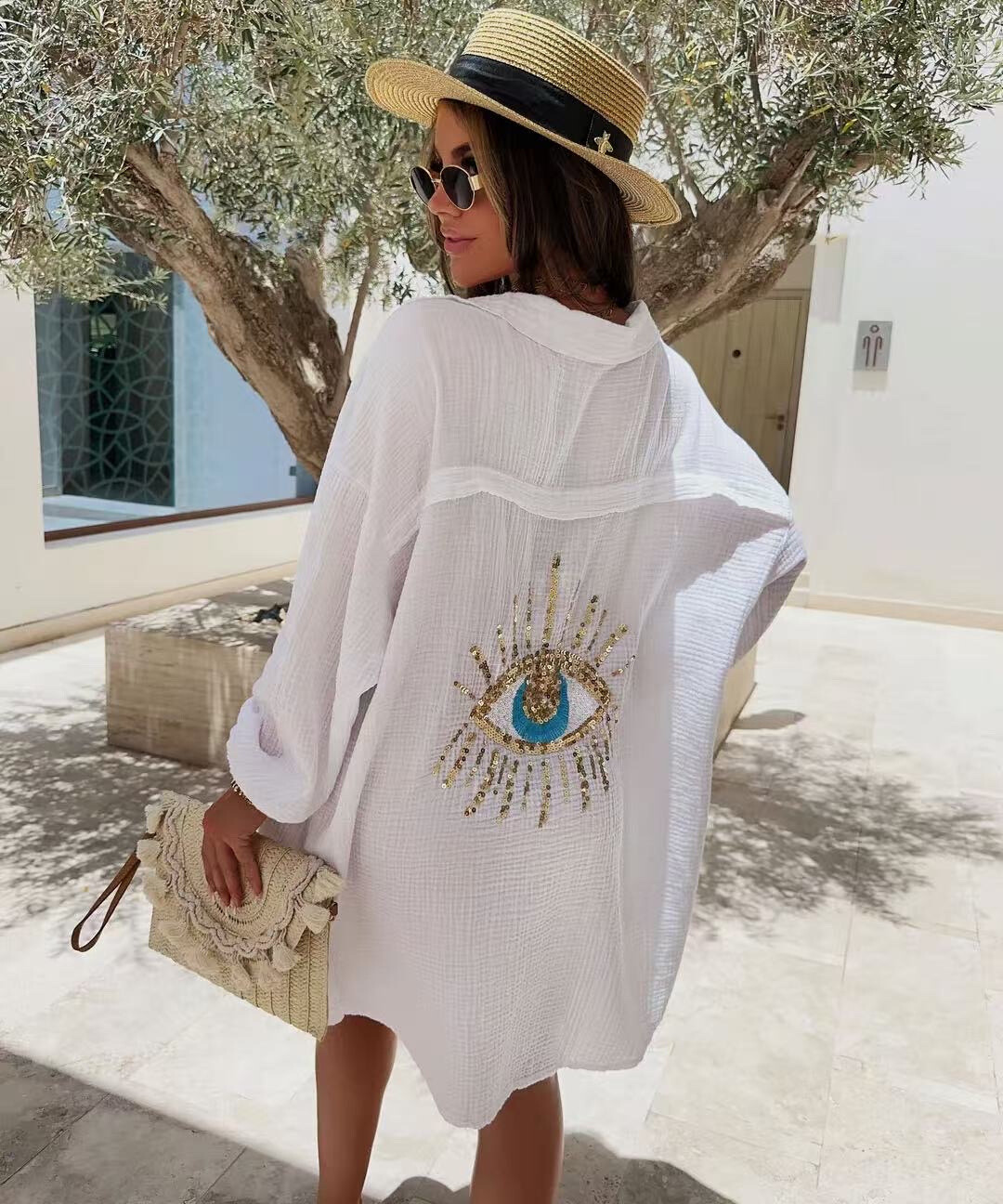 Wholesaler PROMISE - Oversize shirt in cotton gauze eye in sequin on the back