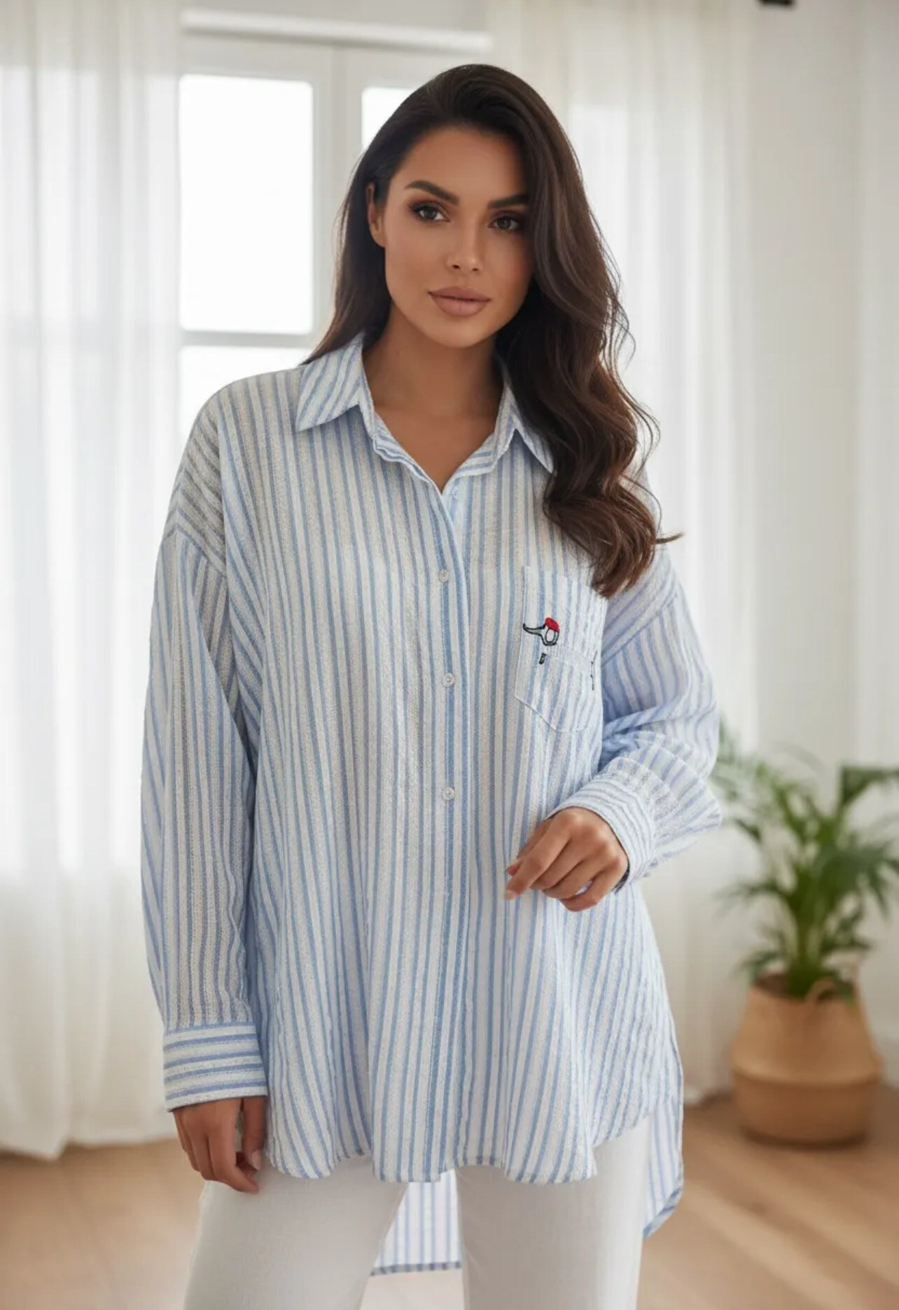 Mayorista PROMISE - Camisa de algodón con rayas de perro bordadas en el bolsillo