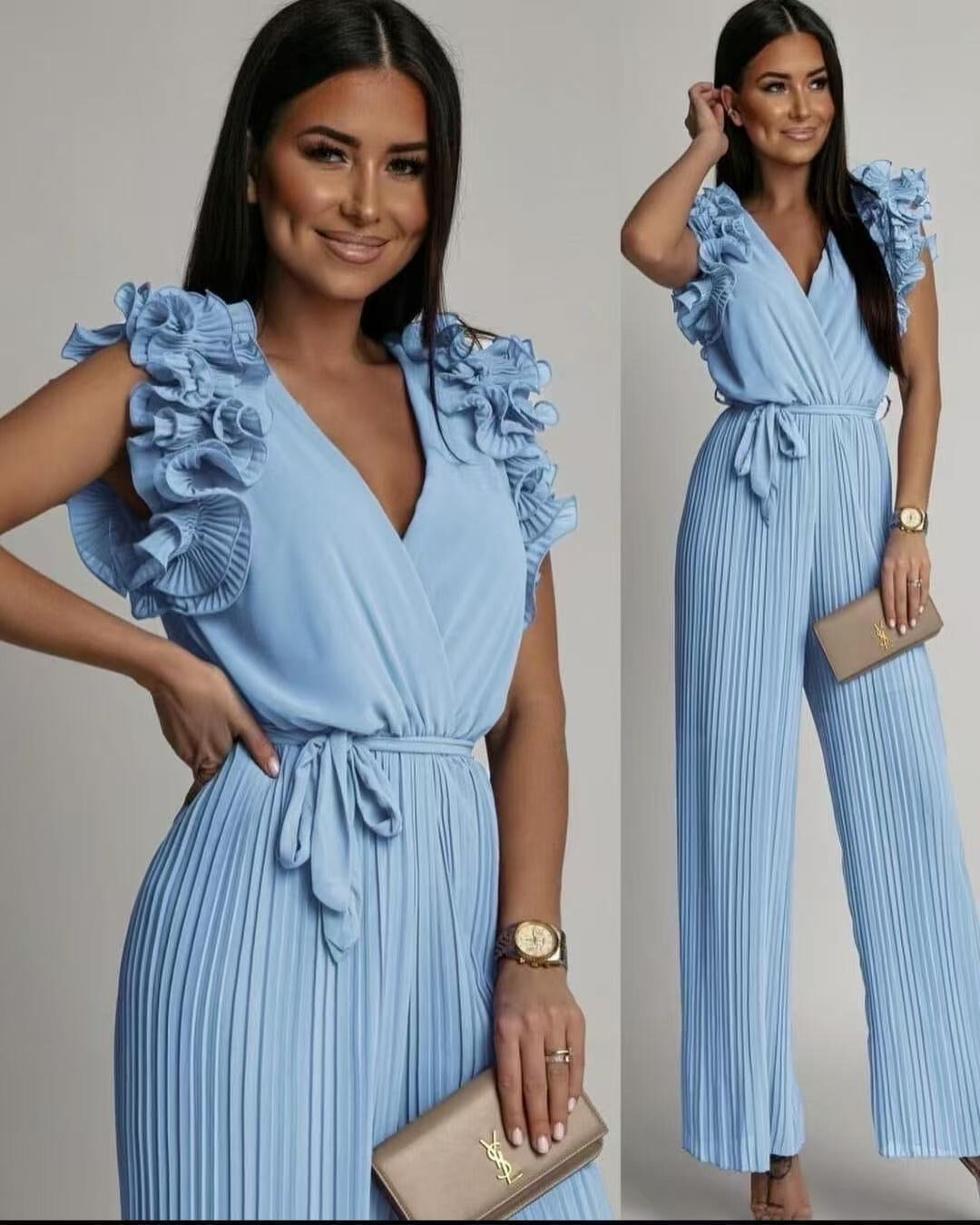 Wholesaler PROMISE - Crossover jumpsuit with pleated pants and frilly detail