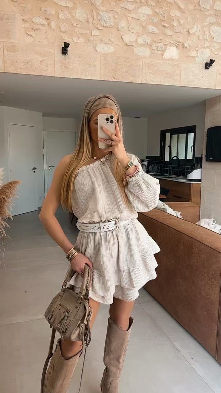 Grossiste PROMISE - Combishort effet jupe asymétrique en gaze de coton