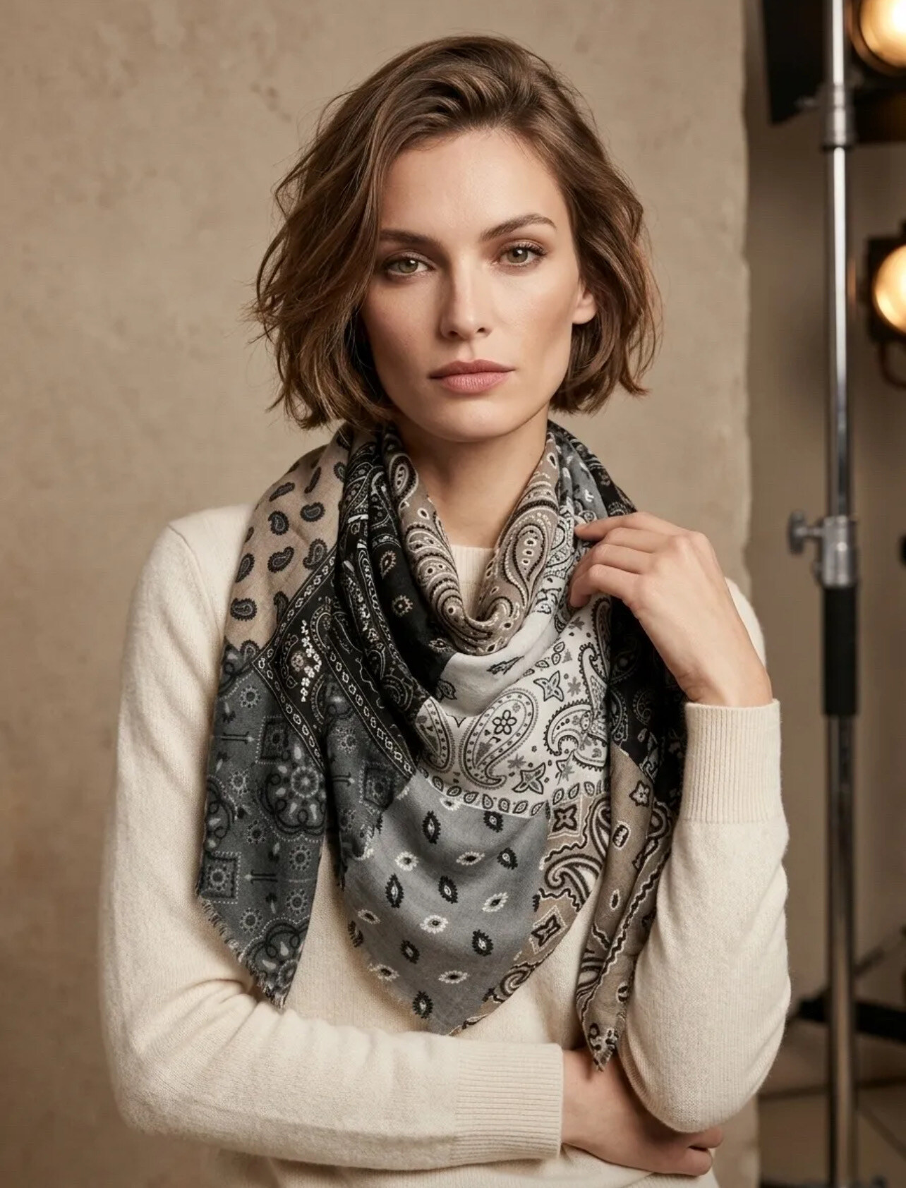 Großhändler PROMISE - Weicher Wollschal mit Patchwork-Bandana-Paisley-Muster