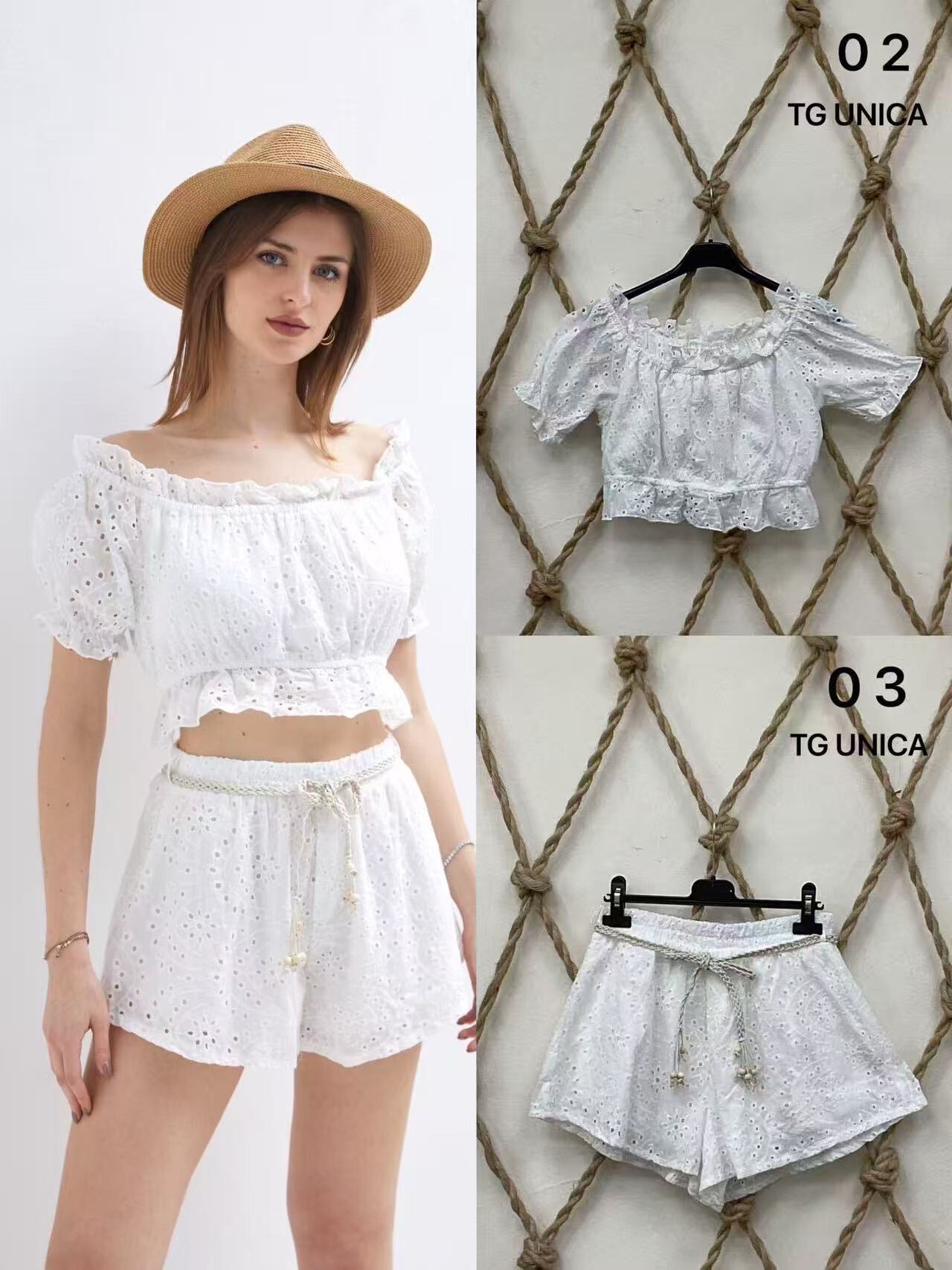 Grossiste PROMISE - Ensemble crop top col bâteau avec short broderie anglaise