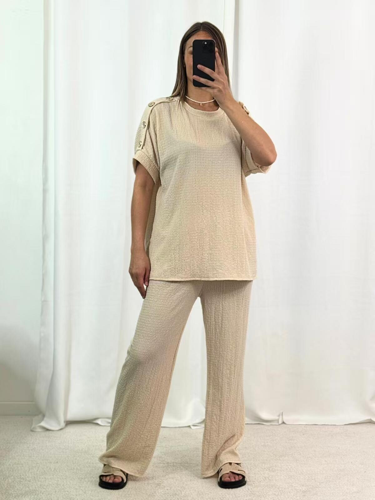 Grossiste PROMISE - Ensemble t-shirt et pantalon tissu gaufré