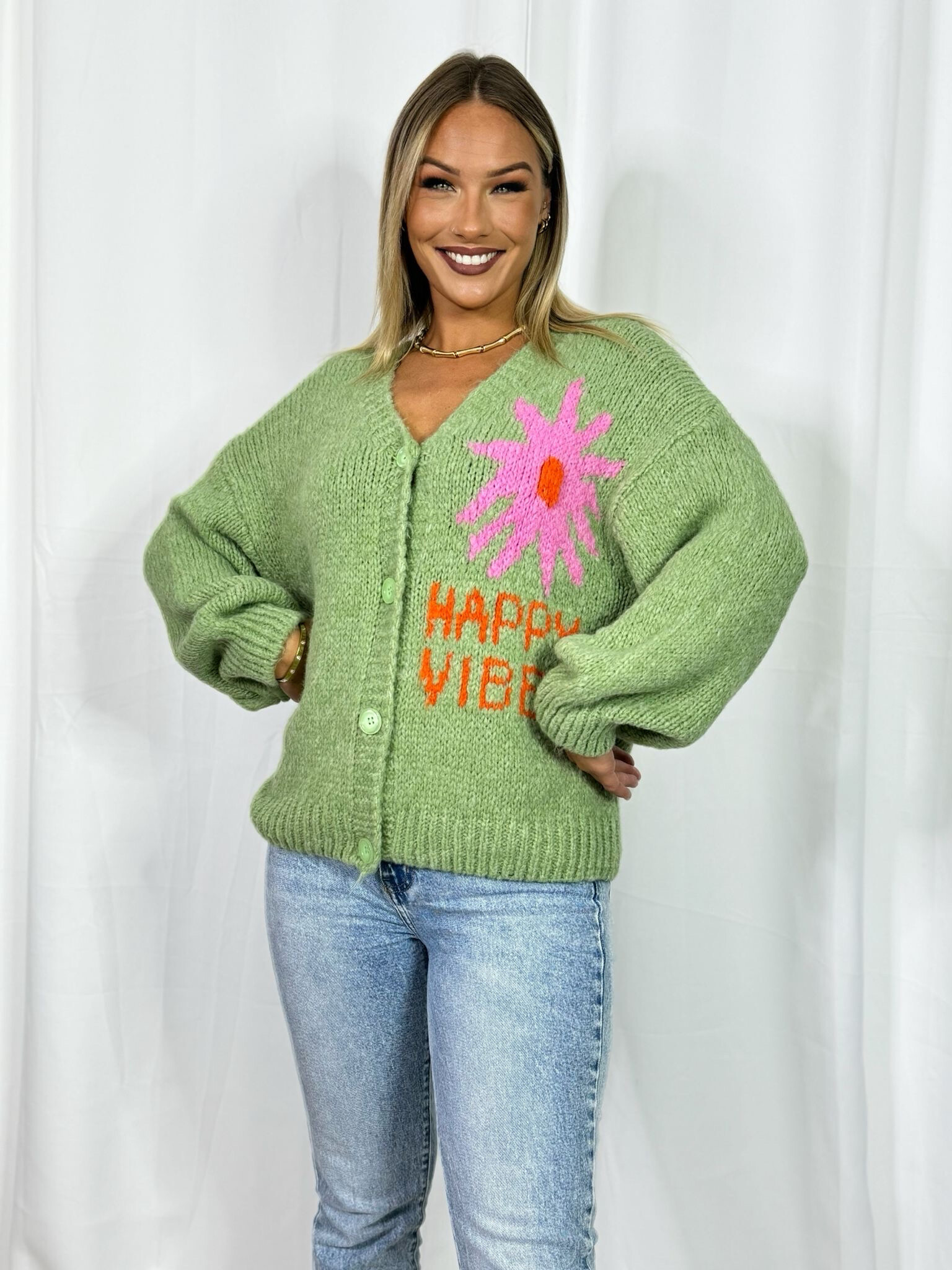 Grossiste PROMISE - Cardigan en maille "HAPPY VIBES"