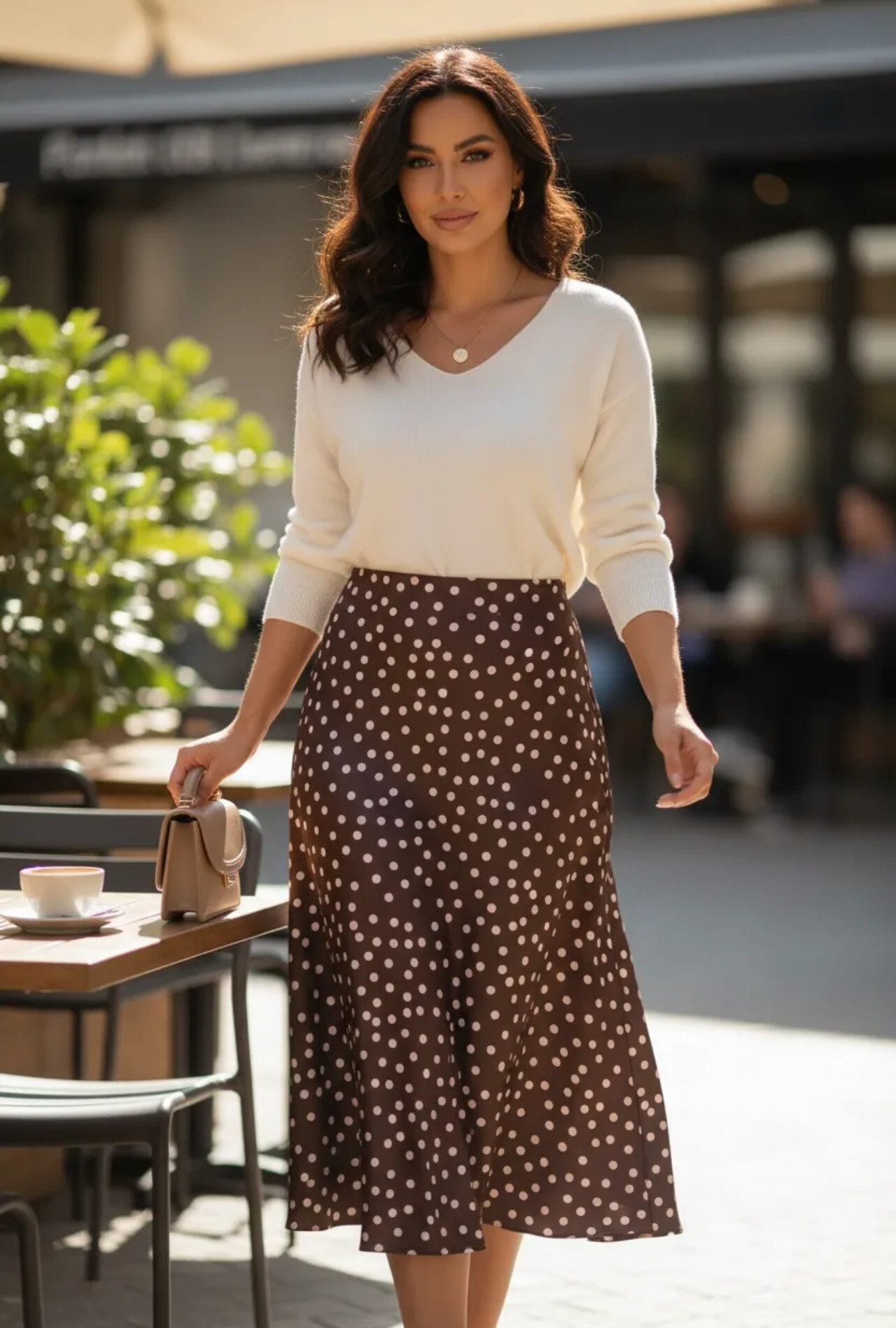 Mayorista PROMISE - Falda midi de raso de lunares