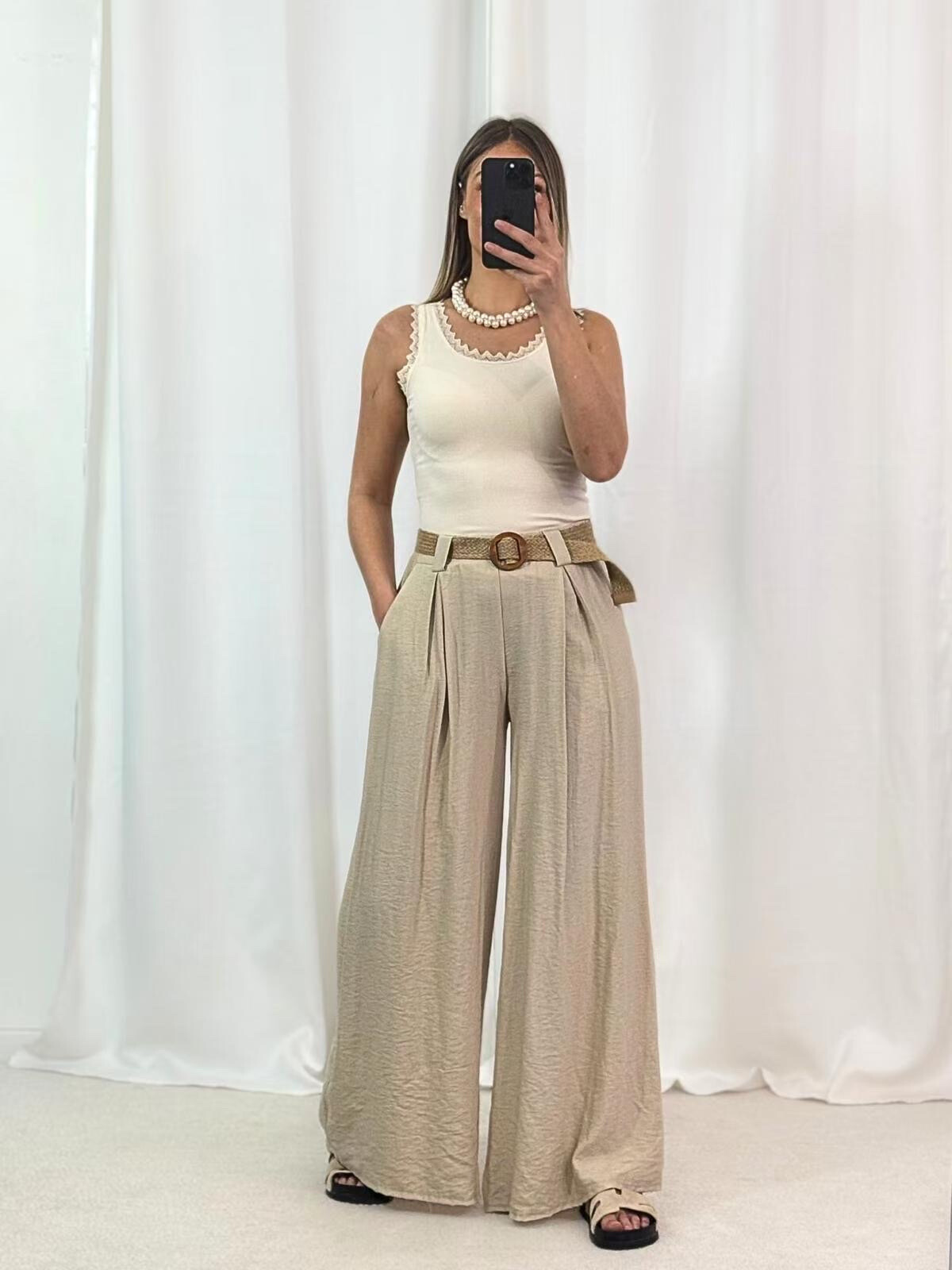Mayorista PROMISE - Pantalones con cinturón de paja fluido