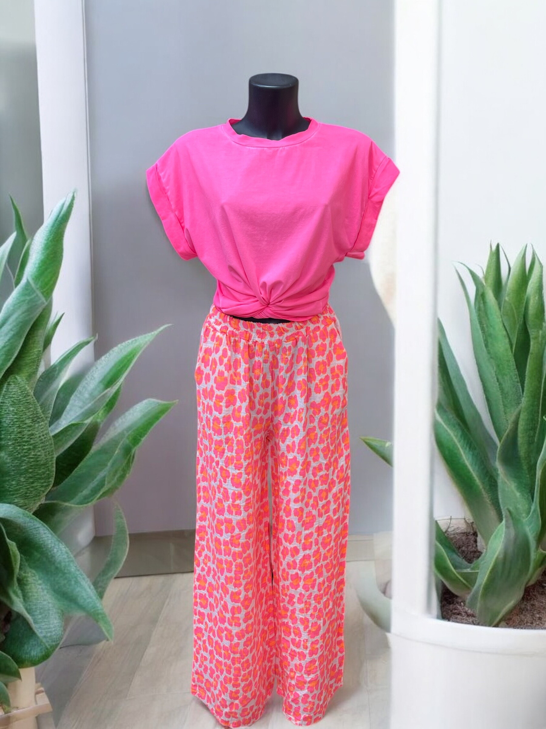 Grossista PROMISE - Pantaloni in mussola di cotone con stampa leopardata