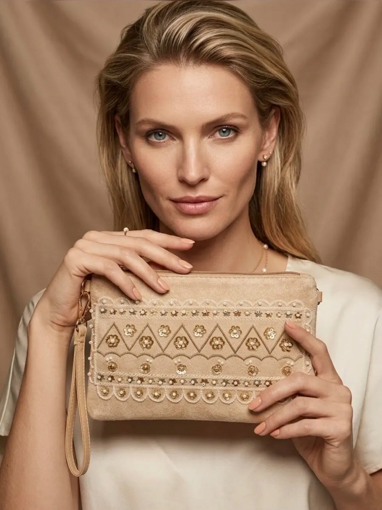 Wholesaler PROMISE - Suede Clutch Decorated With Embroidery And Beads With Wrist Strap