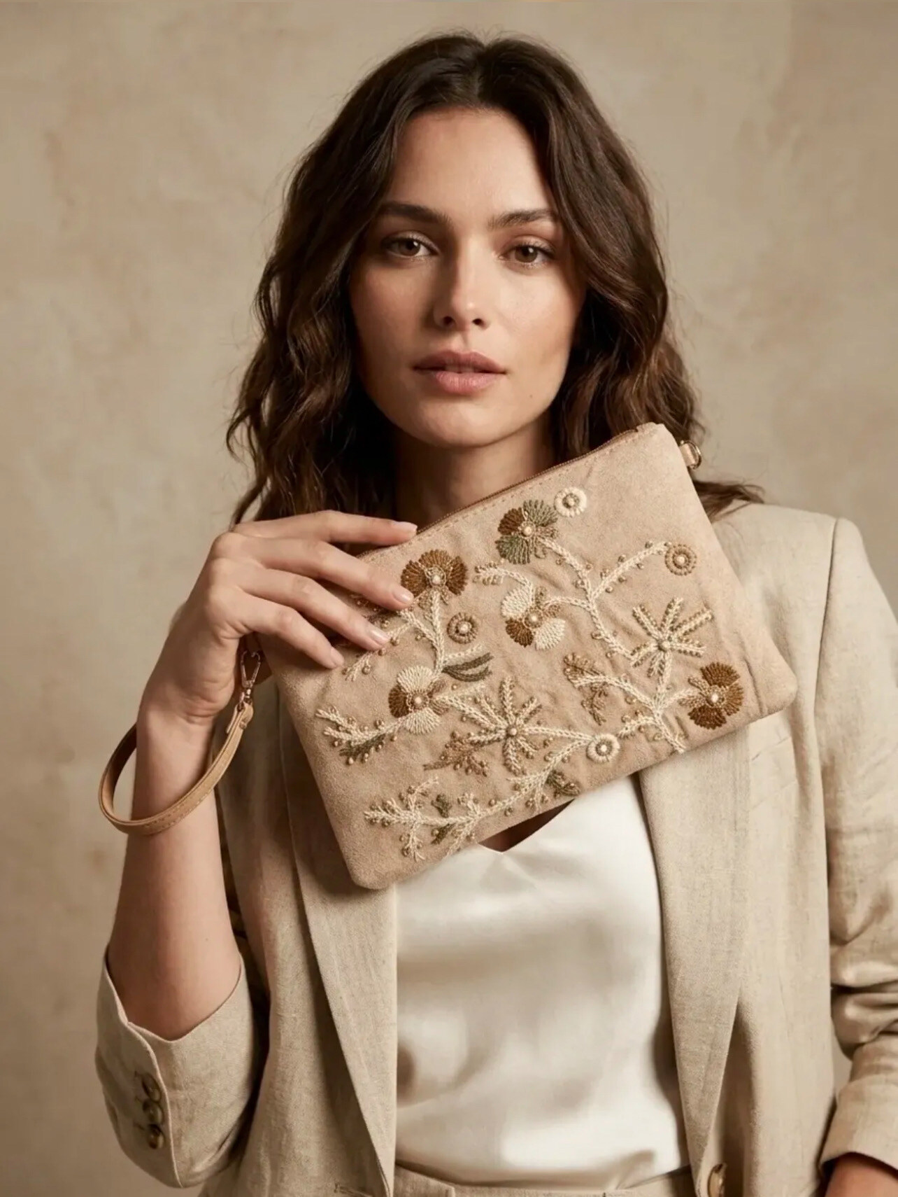 Wholesaler PROMISE - Suede Clutch Decorated With Embroidery And Beads With Wrist Strap