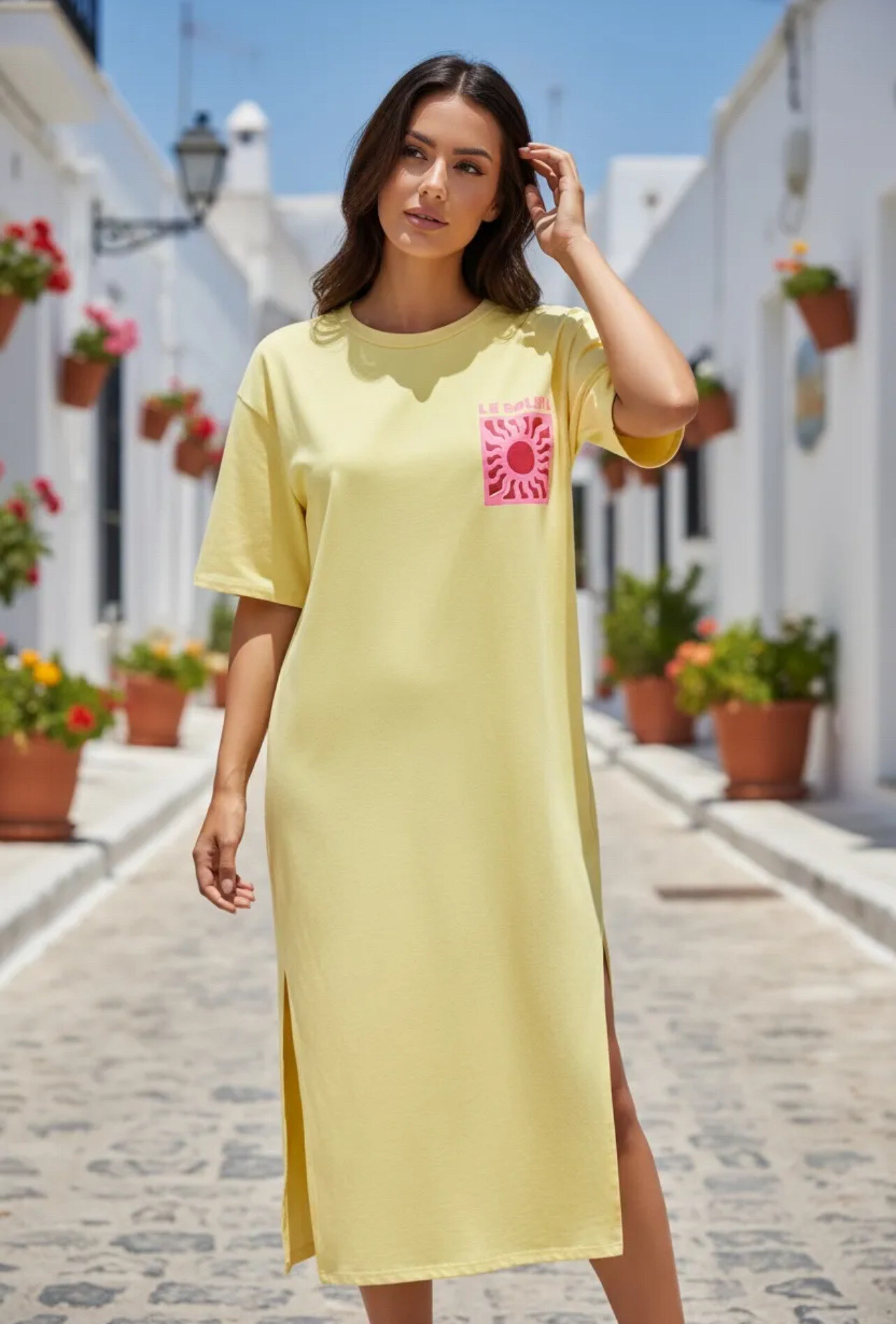 Grossiste PROMISE - Robe longue en coton imprimé Soleil devant et derrière