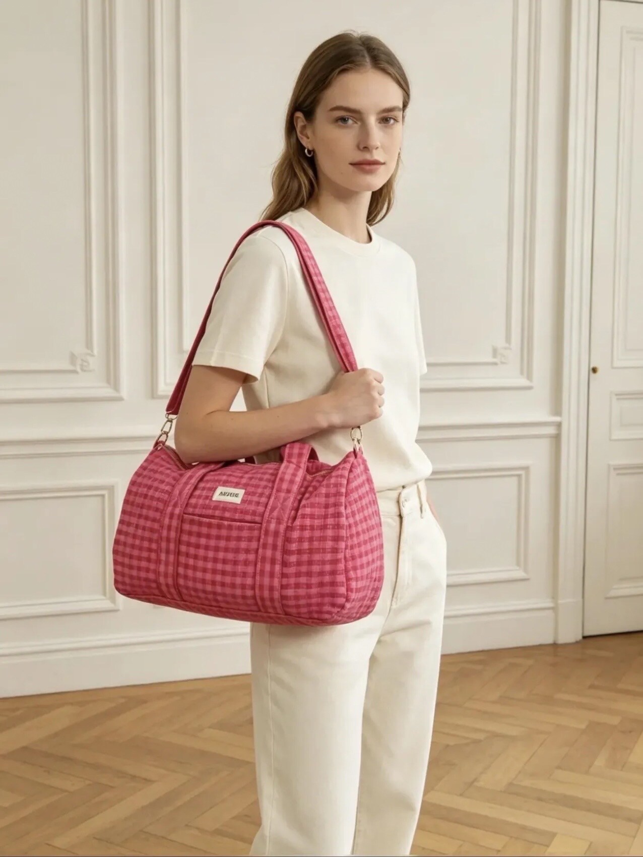 Grossista PROMISE - Borsone a spalla in cotone stampato con zip, con tracolla regolabile, tasca interna con zip