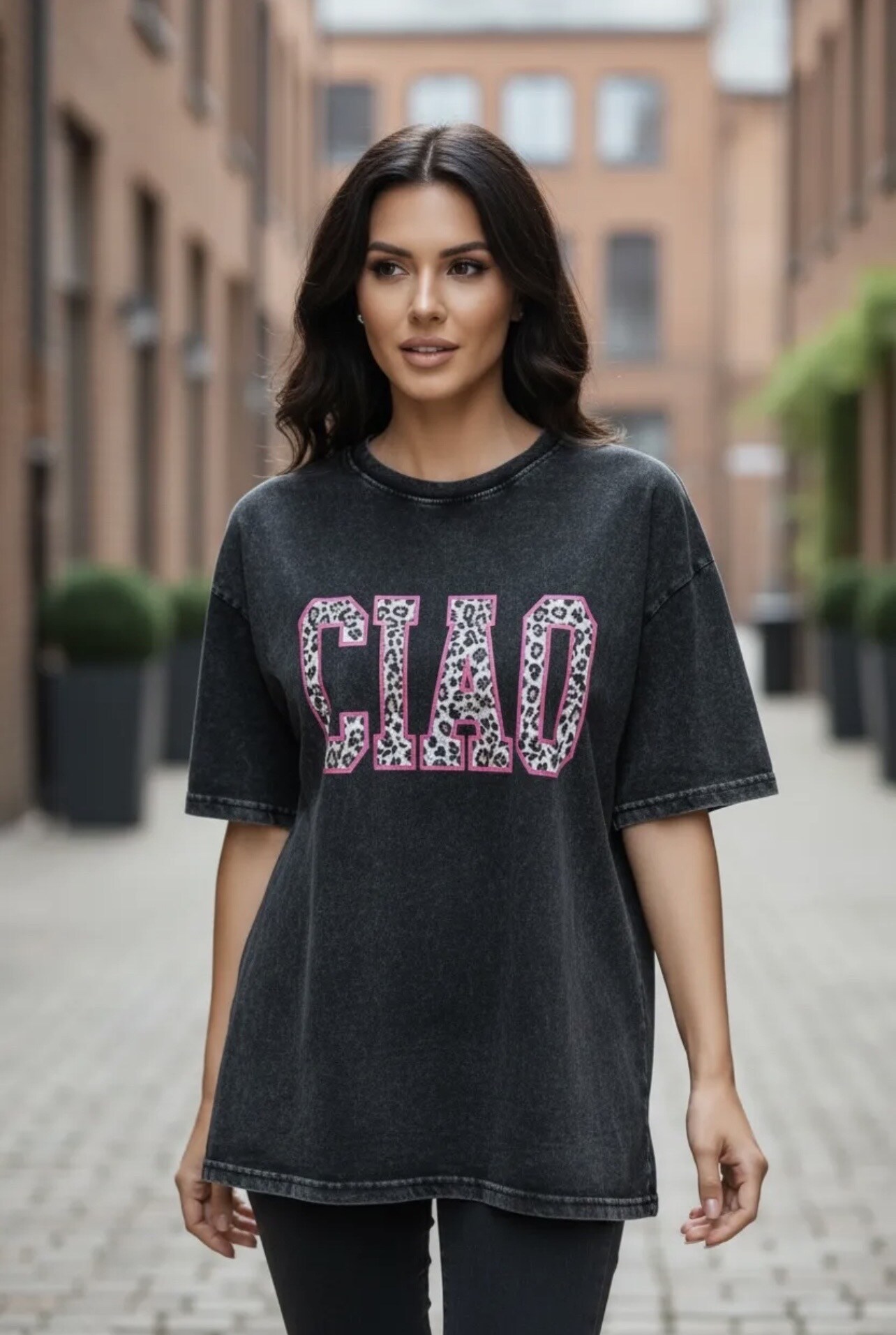 Grossista PROMISE - T-shirt stampata CIAO effetto sbiadito