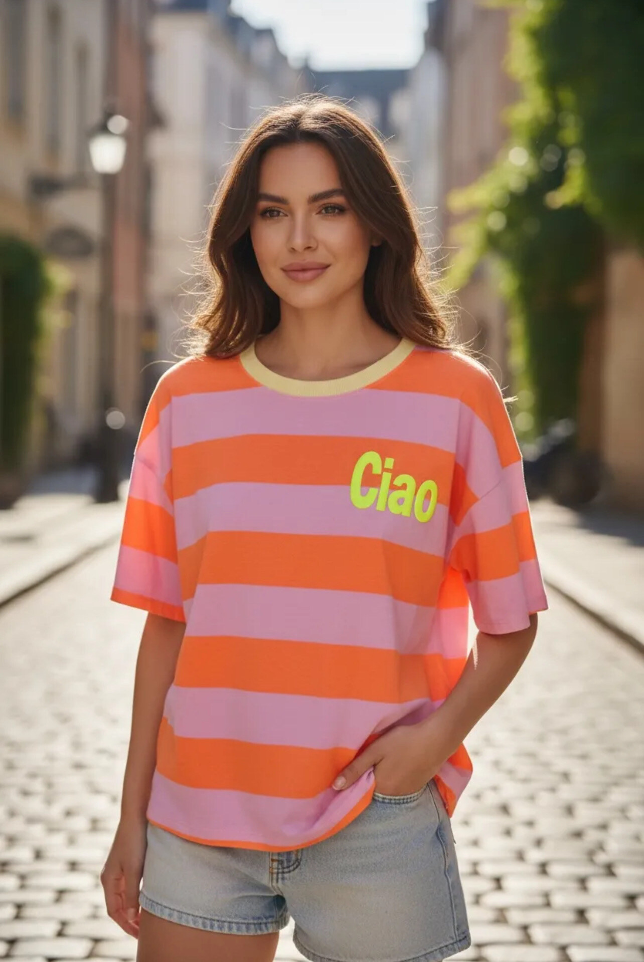 Großhändler PROMISE - Gestreiftes T-Shirt mit geripptem Kragen in Übergröße