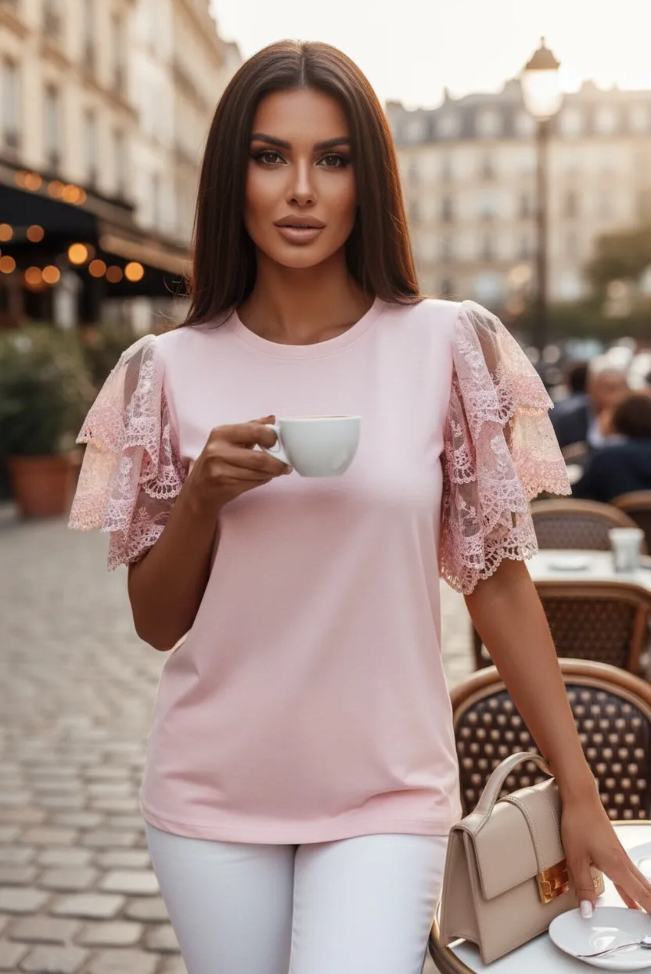 Grossista PROMISE - T-shirt in cotone con maniche in pizzo