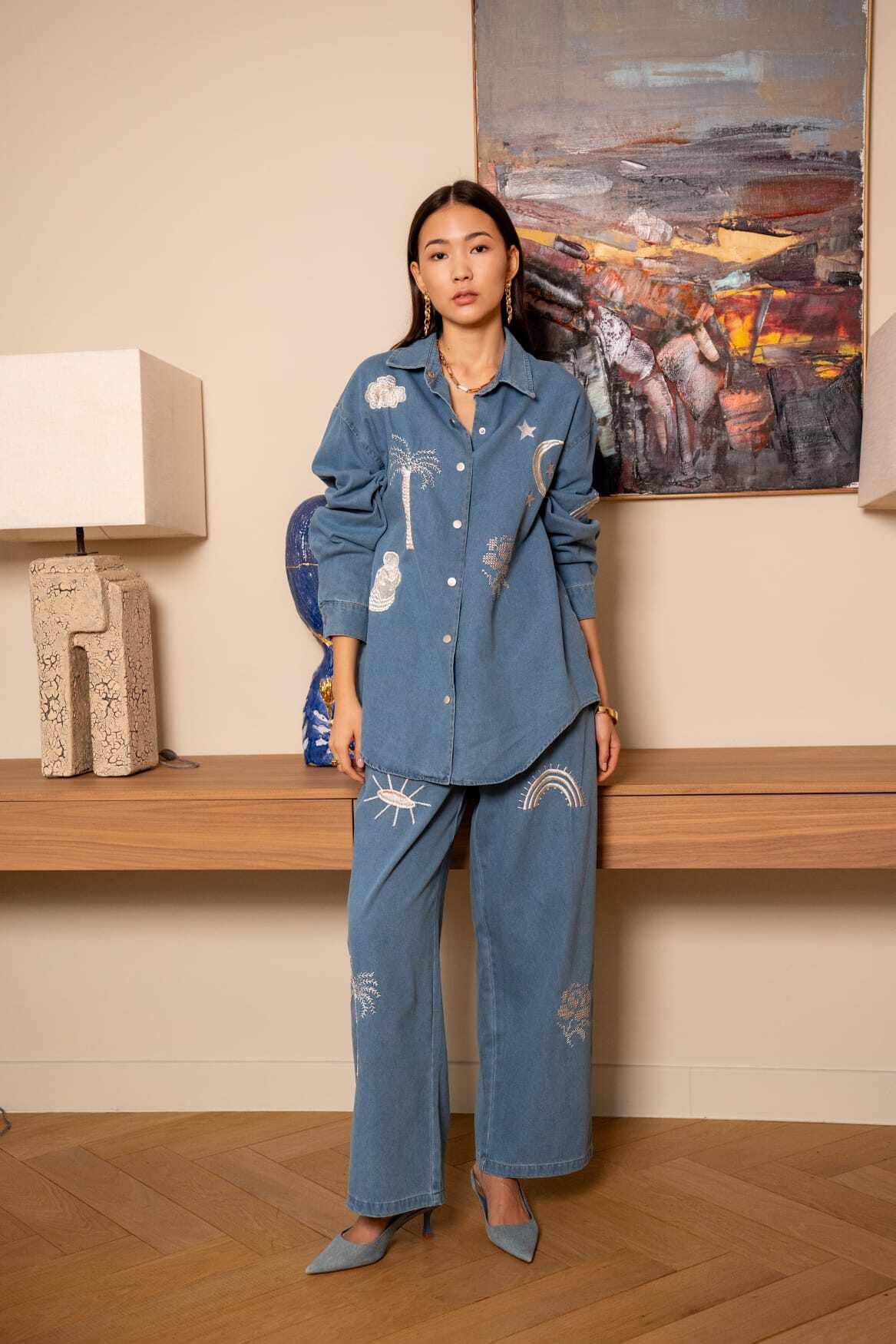 Grossiste PURPLE QUEEN - Ensemble chemise oversize jean en broderie astro