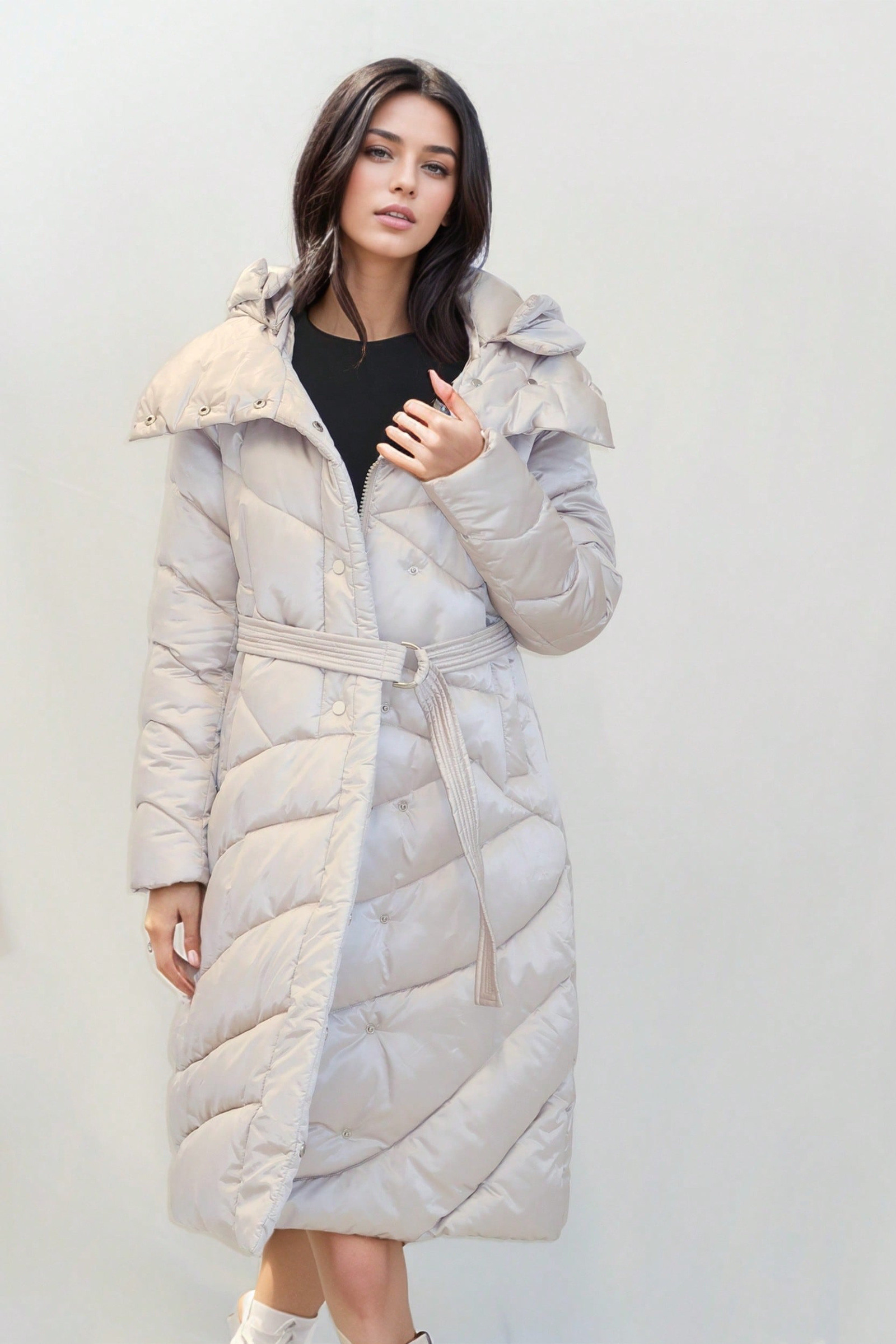 Wholesaler QUEEN DRAMA - Women's Long Coat with Belt – Shiny Black, Quilted, Winter, Elegant and Warm, Zipper Closure