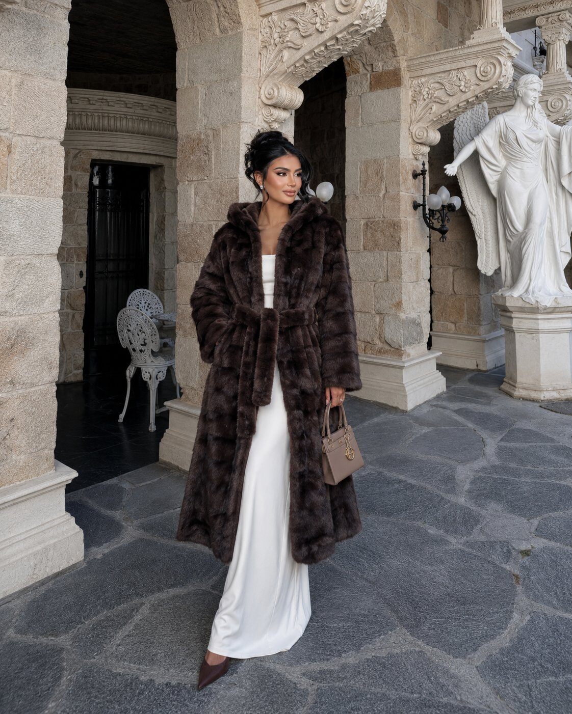 Wholesaler QUEEN DRAMA - Long brown striped coat with hood