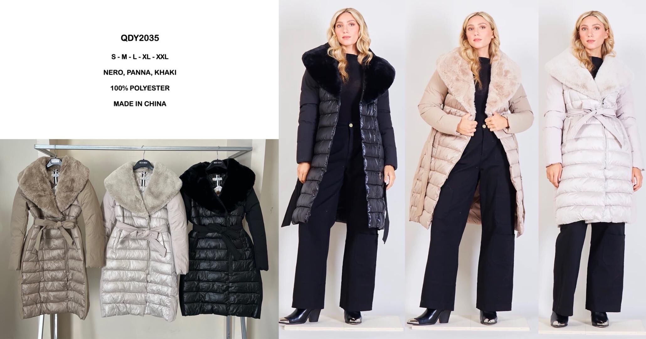Wholesaler QUEEN DRAMA - Women's Long Puffer Coat with Belt and Oversized Faux Fur Collar – Shiny Quilted Fabric and Matte Sleeves for an Elegant and Sophisticated Look