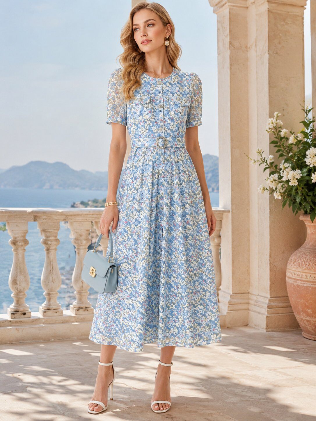 Wholesaler QUEEN DRAMA - Pink floral print dress, puff short sleeves, fitted waist, and wide pleated skirt