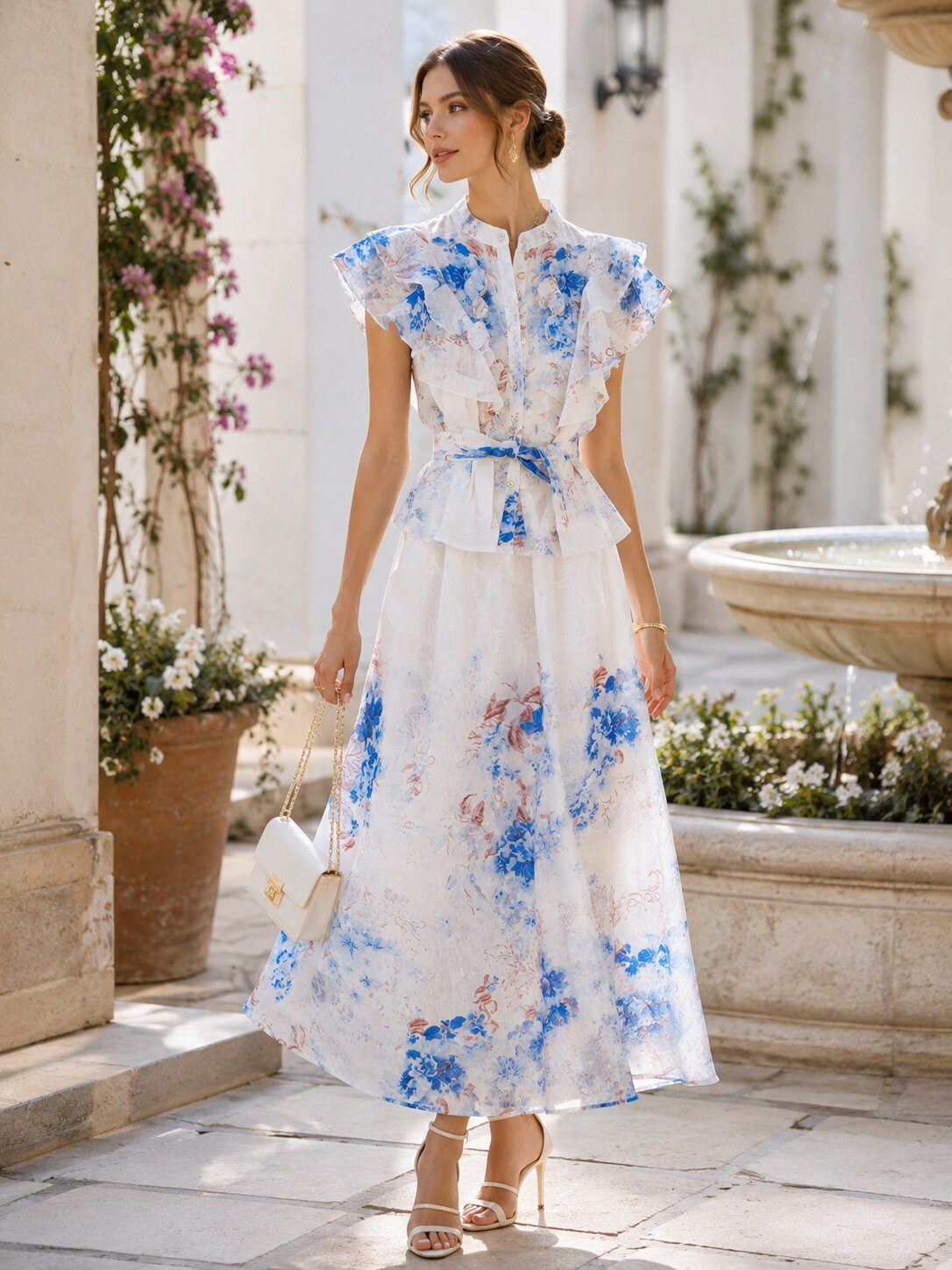 Mayorista QUEEN DRAMA - Conjunto de mujer de dos piezas con top floral con volantes, mangas cortas suaves, cinturón para anudar y falda larga fluida estampada