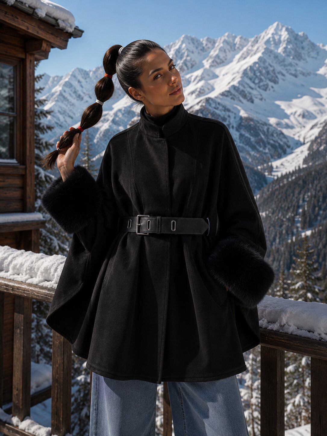 Wholesaler QUEEN DRAMA - Cape with Belt and Faux Fur Cuffs