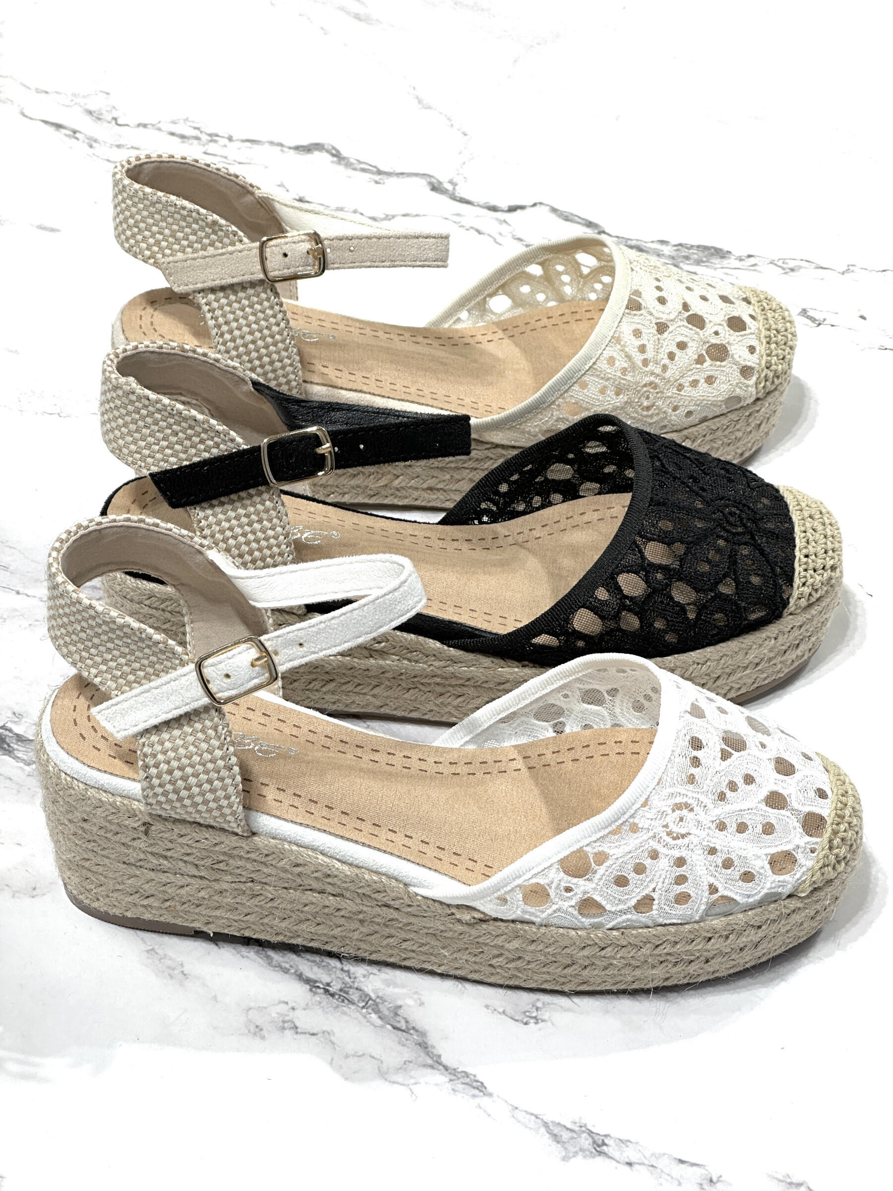 Grossiste R and BE - BK555 Espadrilles compensées en dentelle