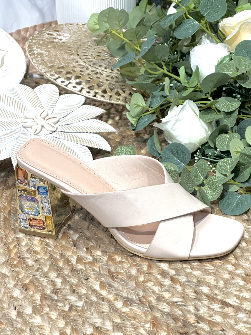Grossiste R and BE - OR678 Mules croisées à talon strassée multicolore 8cms