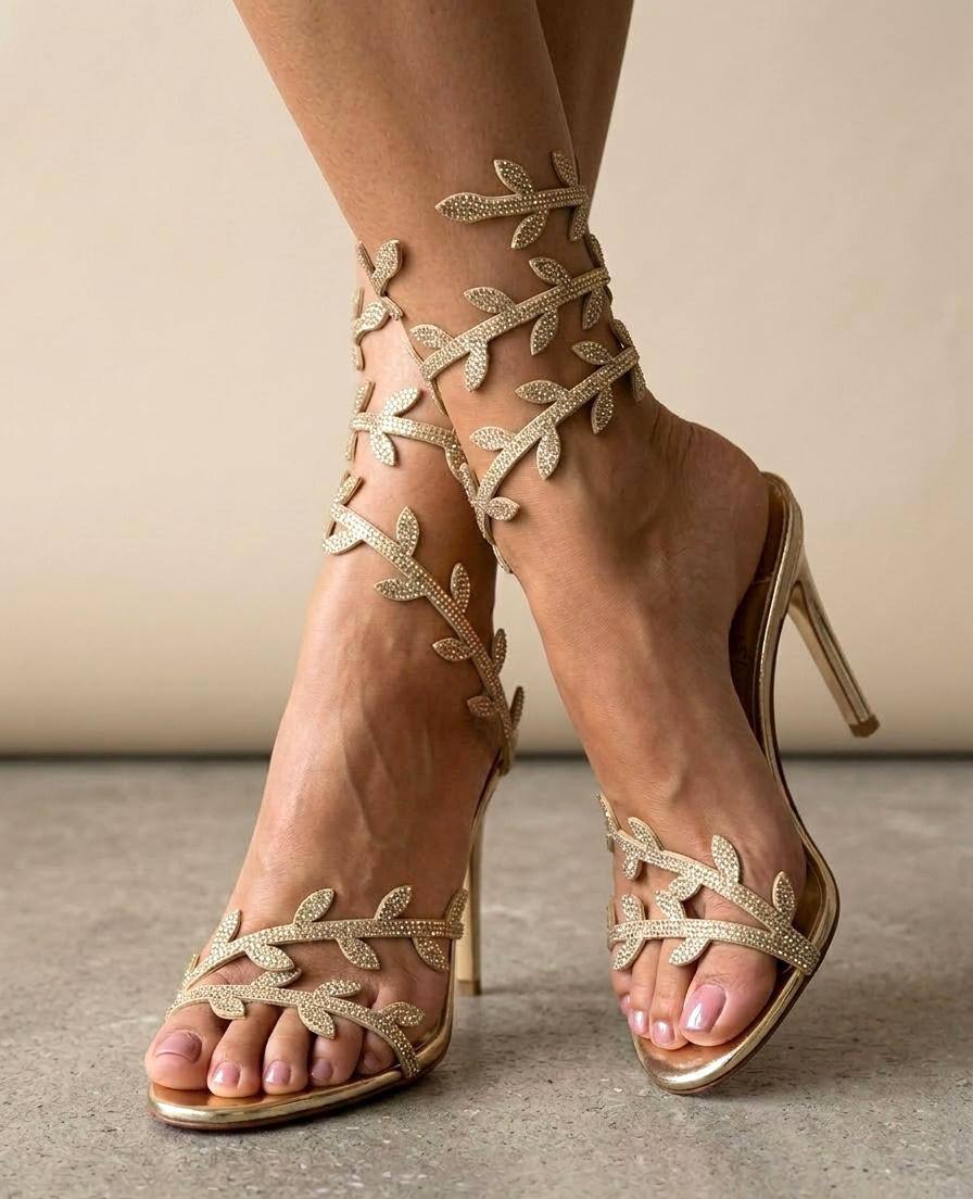 Mayorista R and BE - Sandalias de noche con tacón alto y fino de 11 cm y correa de tobillo con hojas de strass