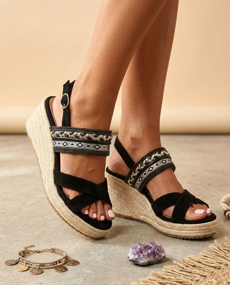 Wholesaler R and BE - Wedge sandals with a 7cm high straw sole and a 1.5cm platform